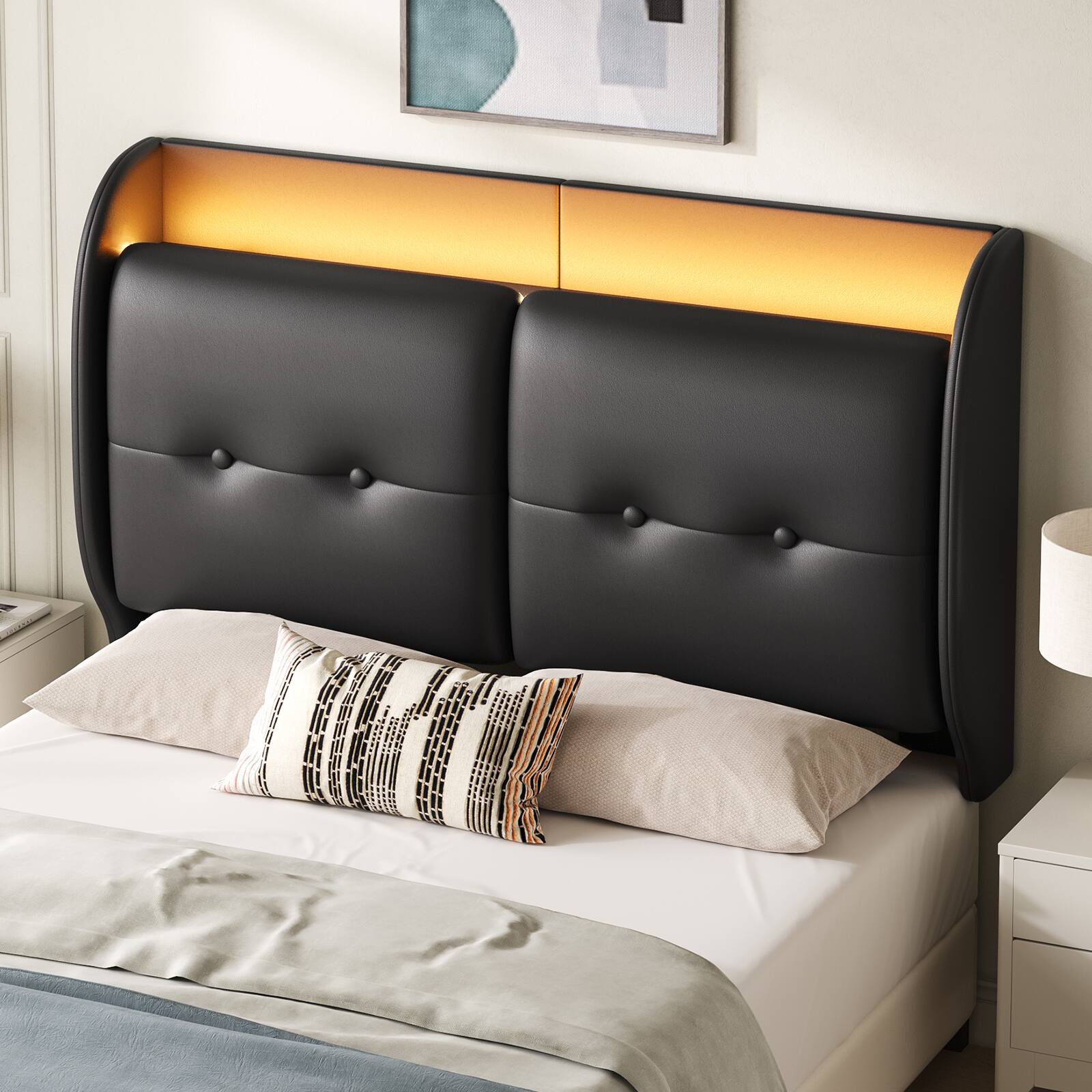 Angle. Pinmoco - LED Upholstered Headboard with Storage Shelves, USB Ports - Black.