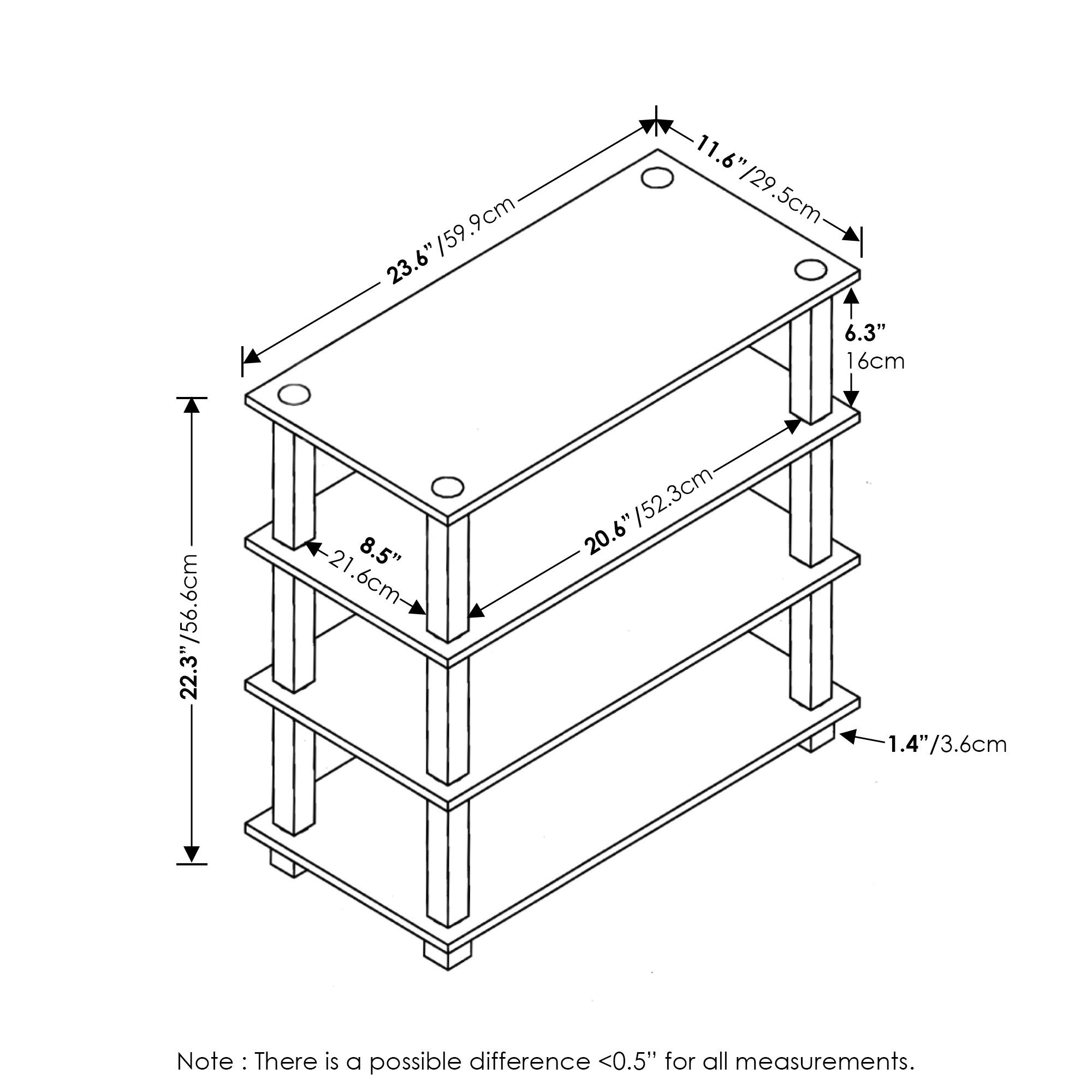 - 23.6" / 59.9 cm
- 11.6" / 29.5 cm
- 6.3" / 16 cm
- 22.3" / 56.6 cm
- 20.6" / 52.3 cm
- 8.5" / 21.6 cm
- 1.4" / 3.6 cm

Note: There is a possible difference <0.5" for all measurements.