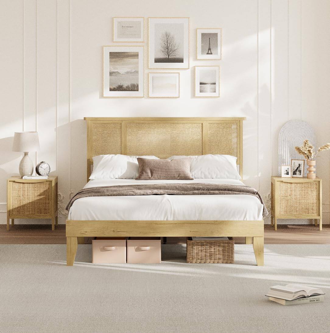 Acekool Full Bed Frame with Natural Rattan Headboard, Sturdy Wooden ...