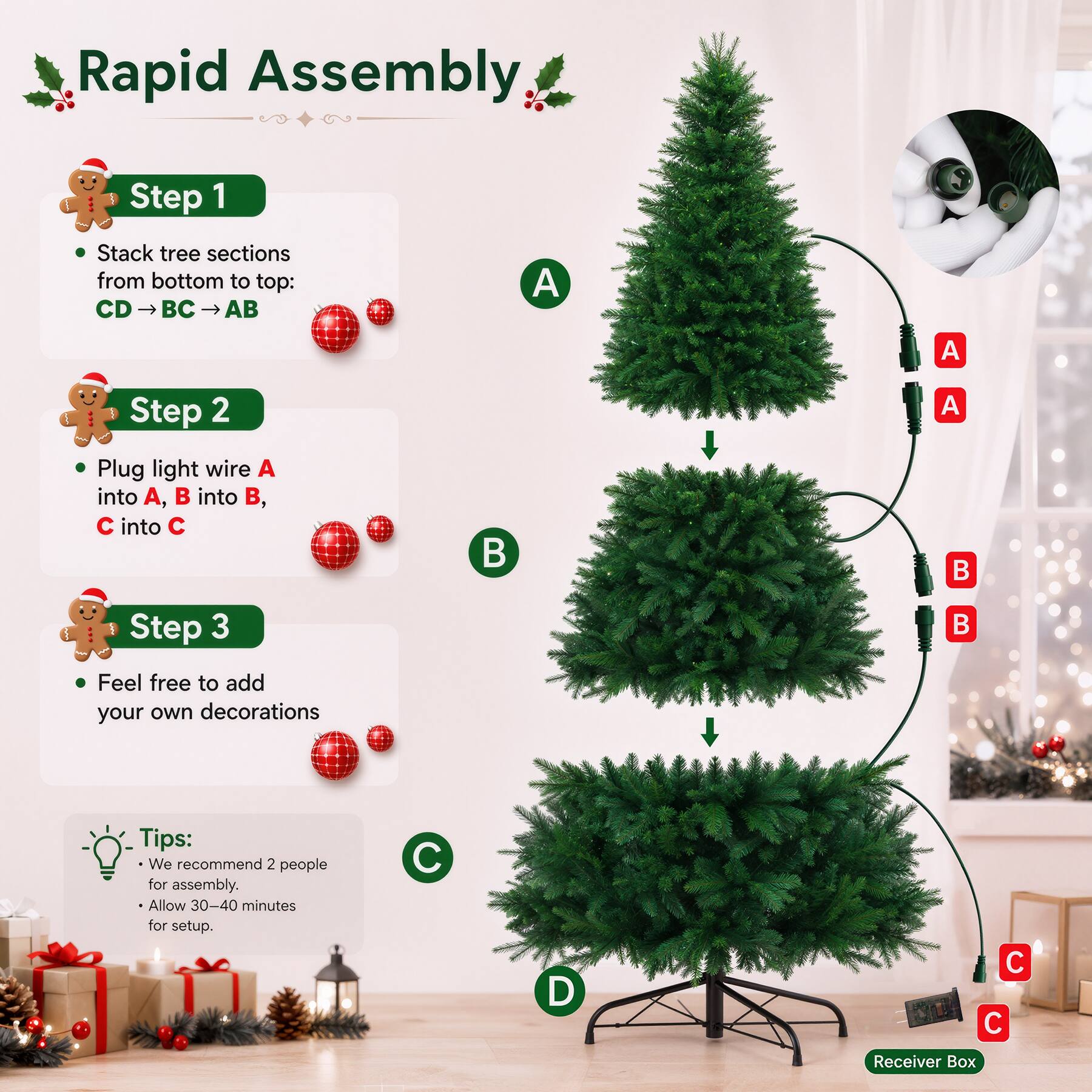 Rapid Assembly

Step 1
Stack tree sections from bottom to top: CD → BC → AB

Step 2
Plug light wire A into A, B into B, C into C

Step 3
Feel free to add your own decorations

Tips:
- We recommend 2 people for assembly.
- Allow 30-40 minutes for setup.