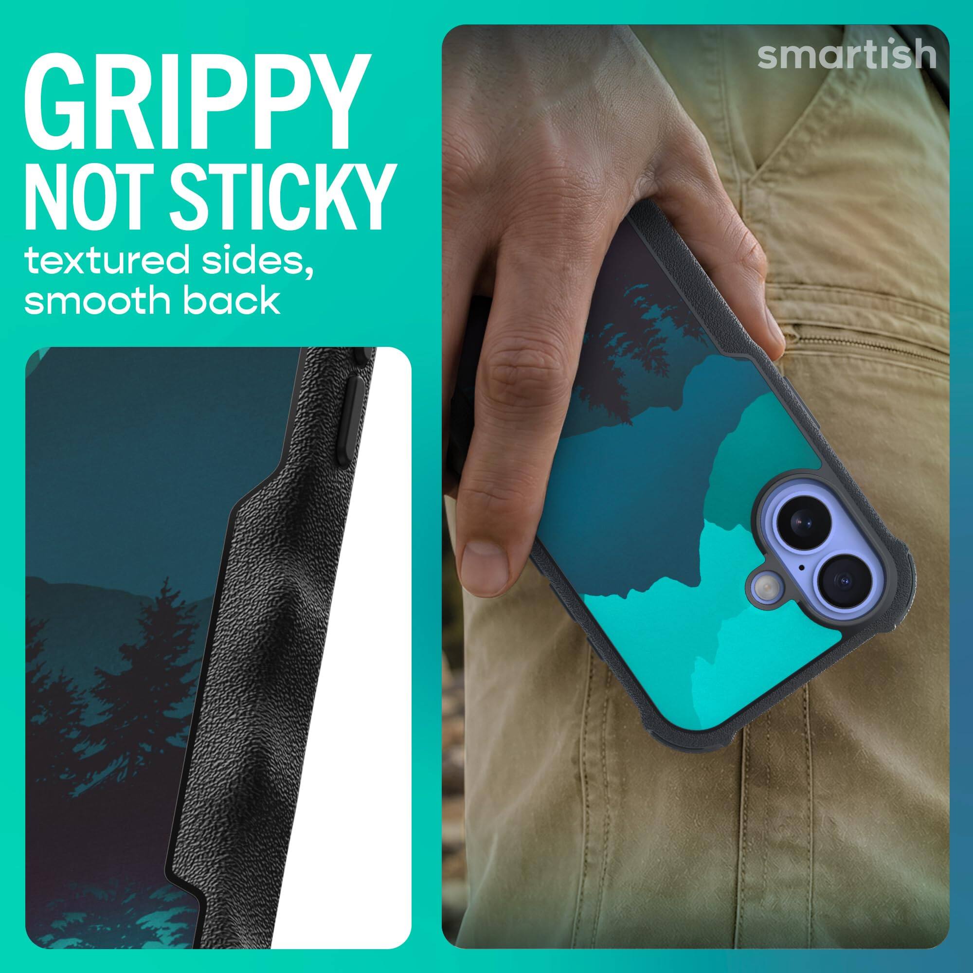 GRIPPY NOT STICKY  
textured sides, smooth back  
smartish