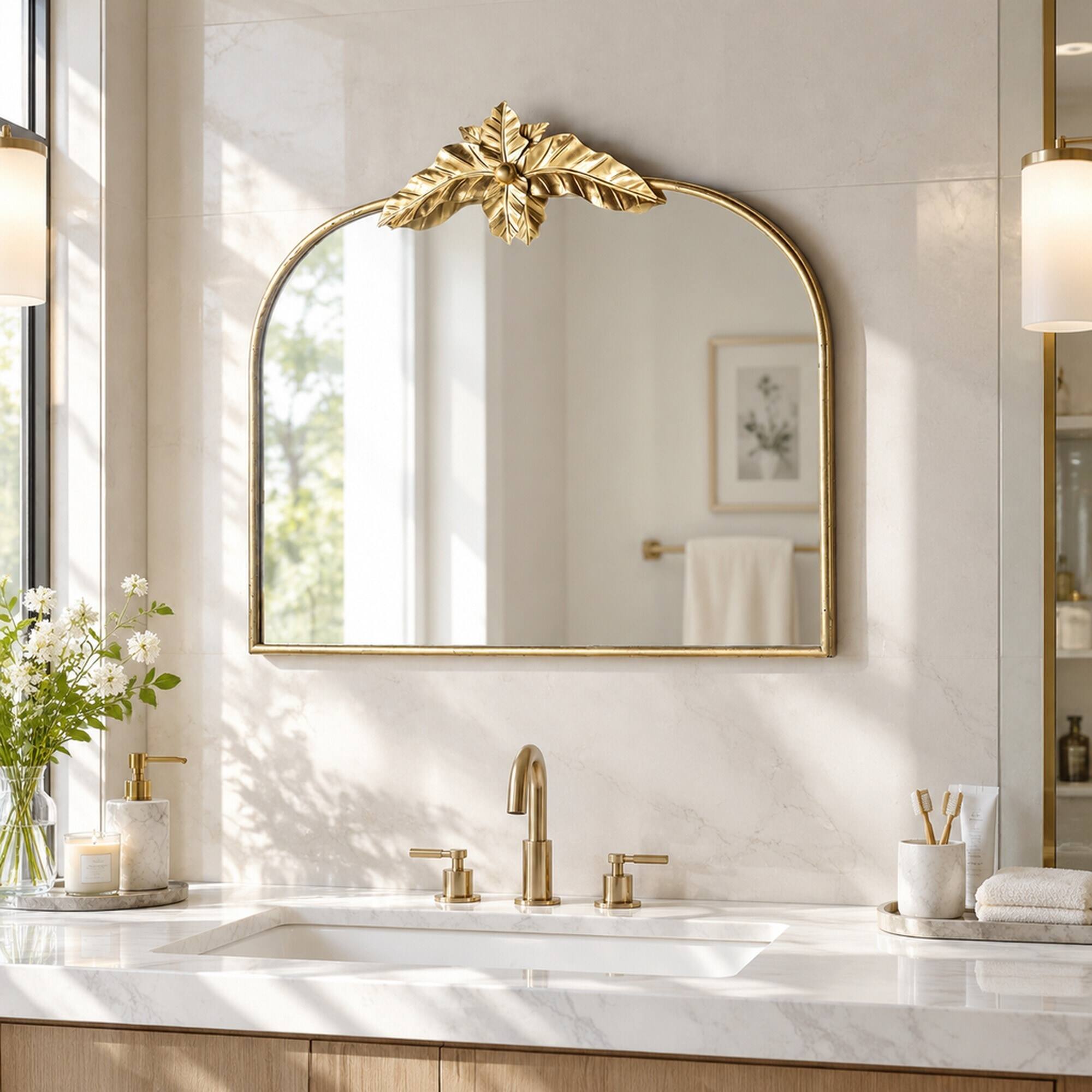 Angle. RYHNUYNE - Gold Arched Wall Mirror, 39.5 x 35 in, Metal Frame and MDF, Wall Mounted Decor for Living Room or Bedroom - Gold.