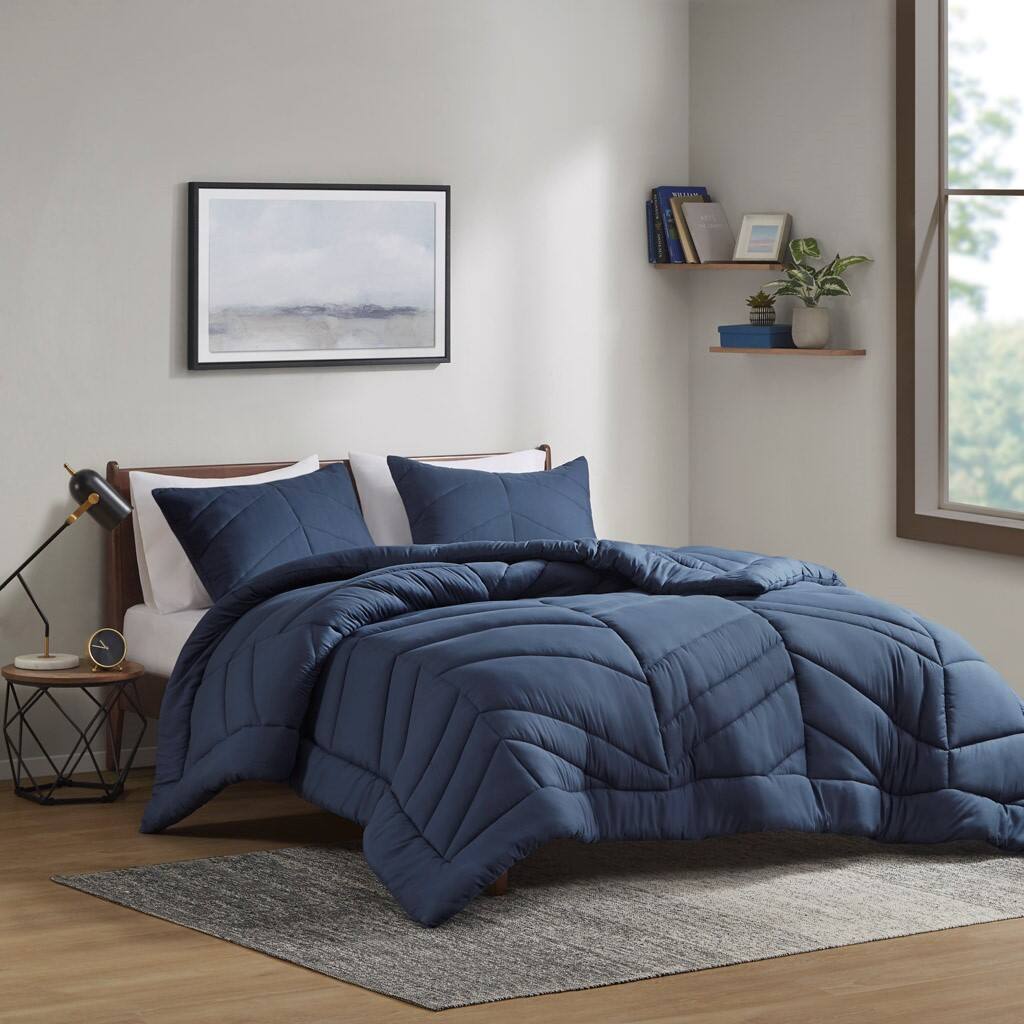 Alt View 1. Gracie Mills - Gracie Mills Solid Quilted Chevron Comforter Set with 350 GSM Polyfill - Navy.