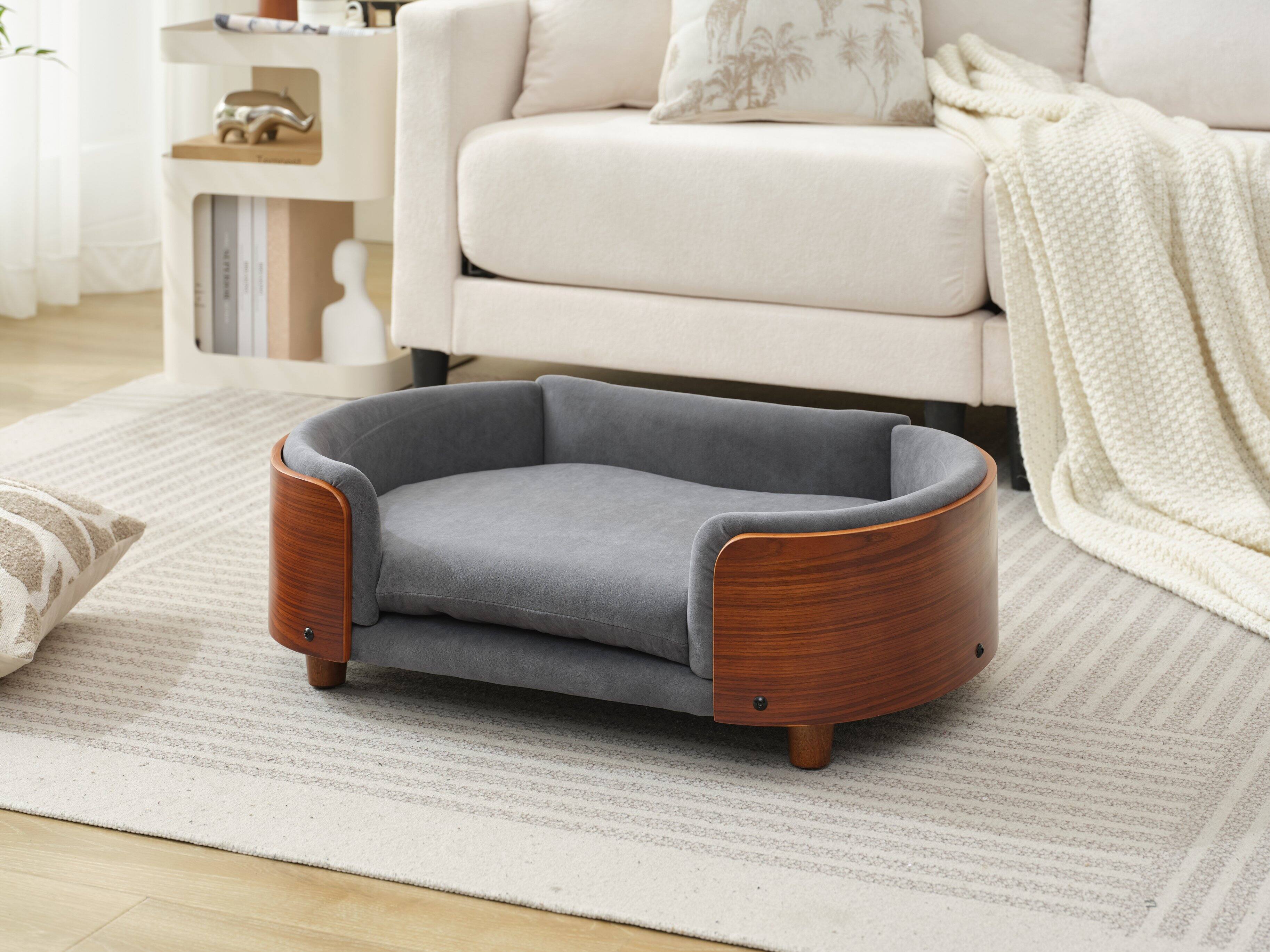 Alt View 2. APRILSOUL - Scandinavian style Elevated Dog Bed Pet Sofa With Solid Wood legs and Walnut Bent Wood Back  Dark Grey Velvet Mid Size - DARK GREY.