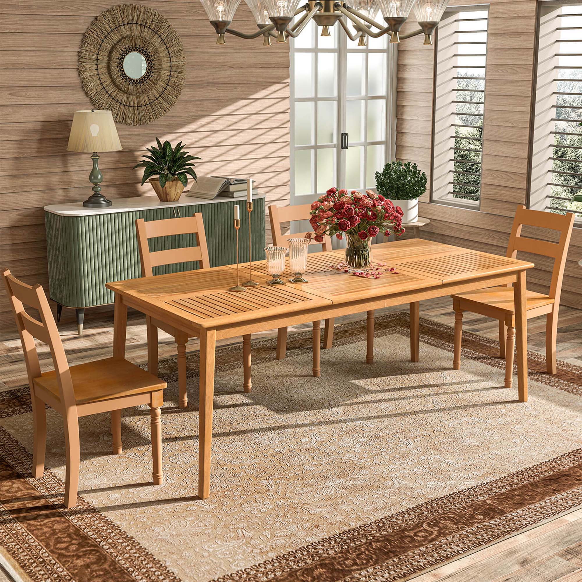 Back. Costway - 6-Person Outdoor Acacia Wood Dining Table with 1.96" Umbrella Hole Rectangular - Brown.