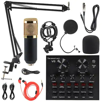 The sound card V8
Power BT
MIN MAX MIC
MIN MAX Reverb
Treble Bass
Record Music Monitor
Electric Voice Change Mute Sing MC Dodge
Cheer Awkward Gun Contempt Opening Kiss
Laughter Applause Wolf Boos Jeer Failure