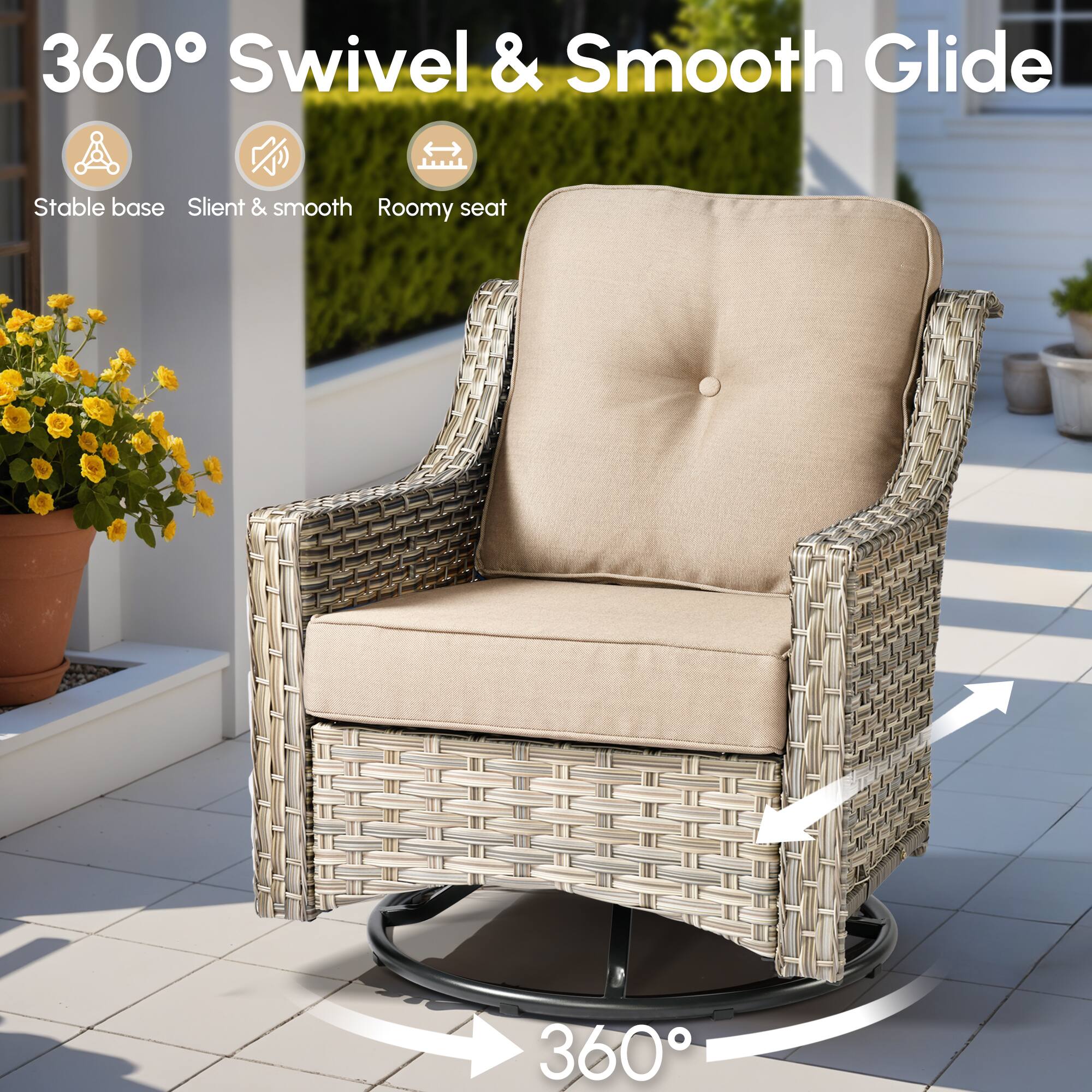 360° Swivel & Smooth Glide

- Stable base
- Silent & smooth
- Roomy seat

360°