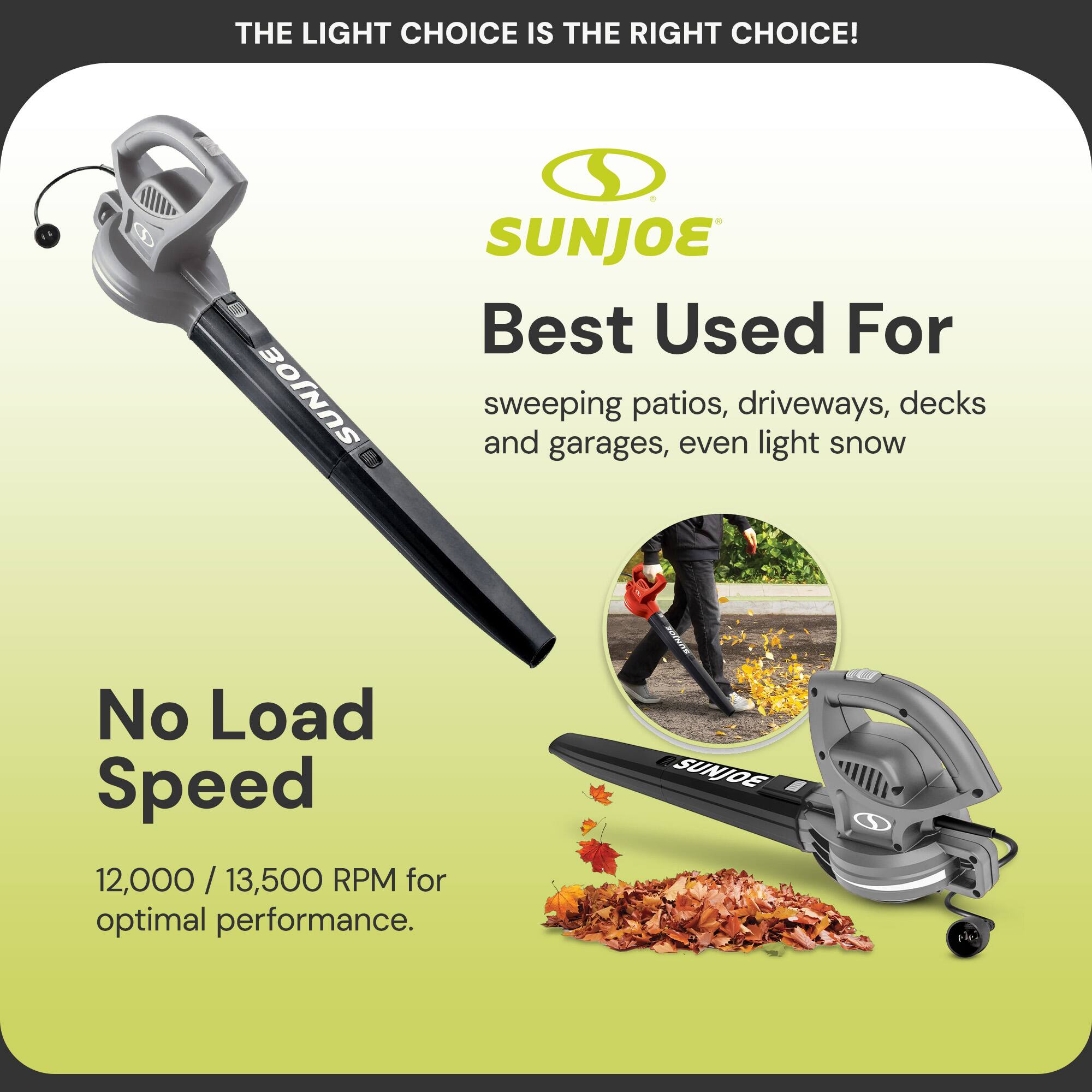 THE LIGHT CHOICE IS THE RIGHT CHOICE!

SUNJOE

Best Used For
sweeping patios, driveways, decks and garages, even light snow

No Load Speed
12,000 / 13,500 RPM for optimal performance.