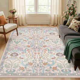 Yardgrace - 6' x 9' ft Farmhouse Floral Area Rug Washable with Non-Slip for Playroom Living Room Bedroom - Light Pink