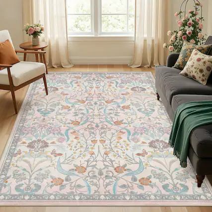 Front. Yardgrace - 6' x 9' ft Farmhouse Floral Area Rug Washable with Non-Slip for Playroom Living Room Bedroom - Light Pink.