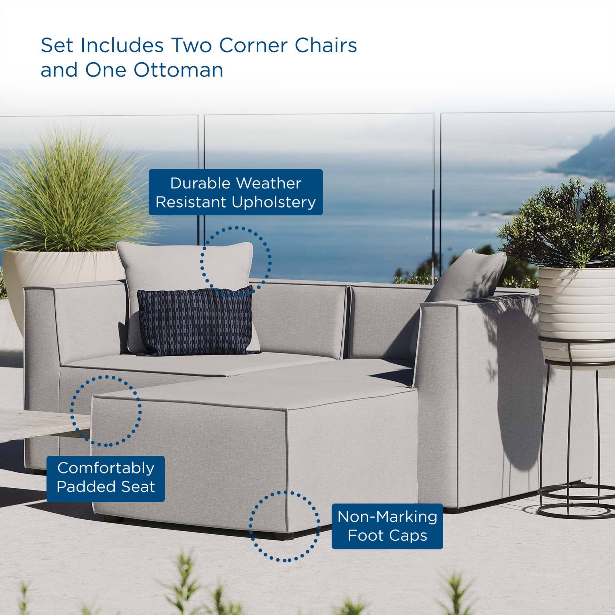 Set Includes Two Corner Chairs and One Ottoman  
Durable Weather Resistant Upholstery  
Comfortably Padded Seat  
Non-Marking Foot Caps