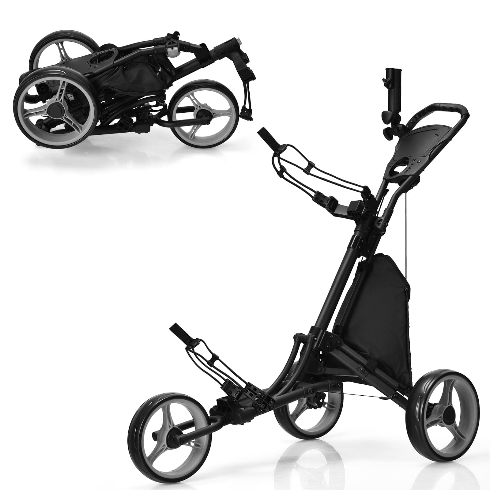 Front. Costway - Costway Folding 3 Wheels Golf Push Cart W/Bag Scoreboard Adjustable Handle - Grey.