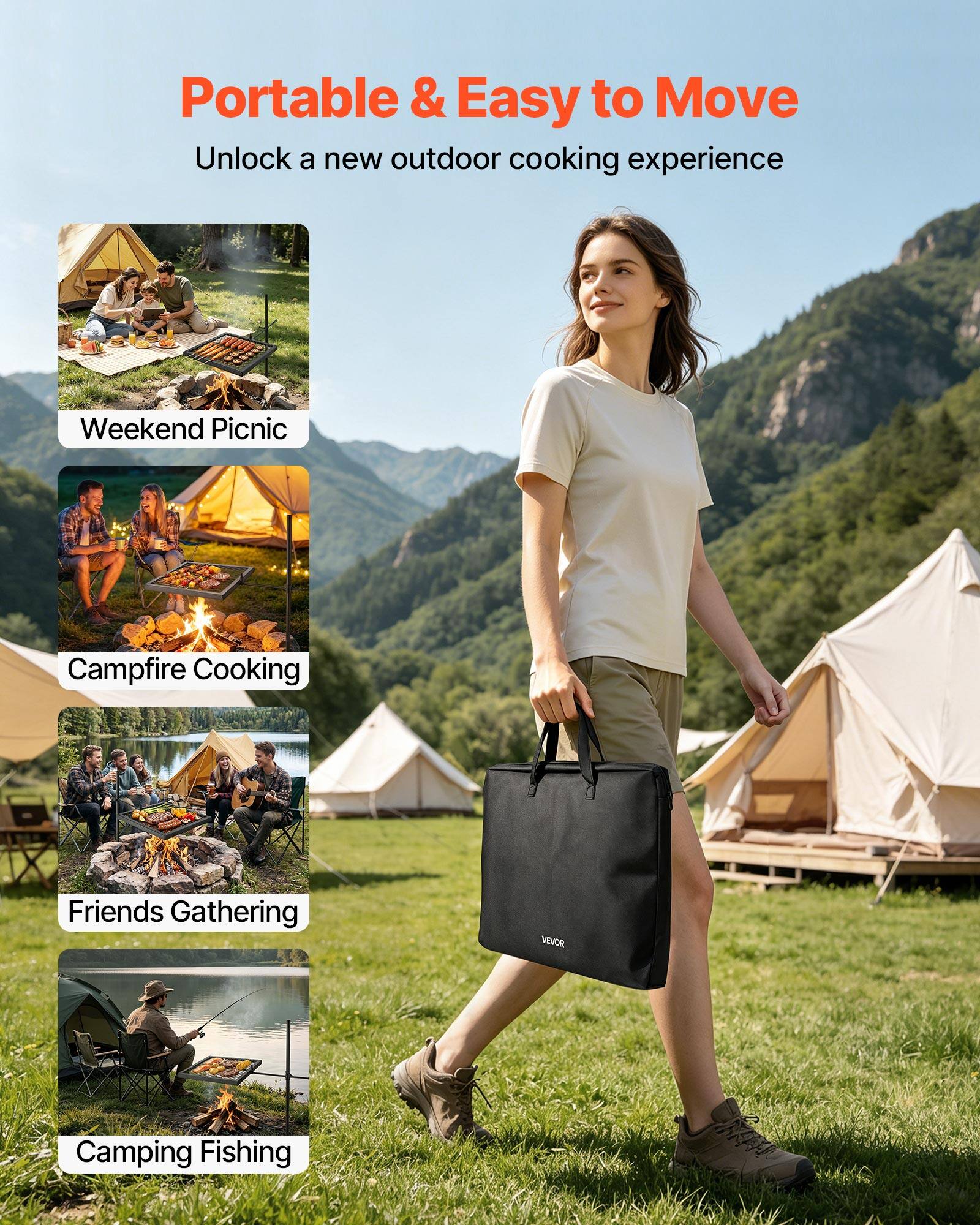 Portable & Easy to Move  
Unlock a new outdoor cooking experience  

Weekend Picnic  
Campfire Cooking  
Friends Gathering  
Camping Fishing