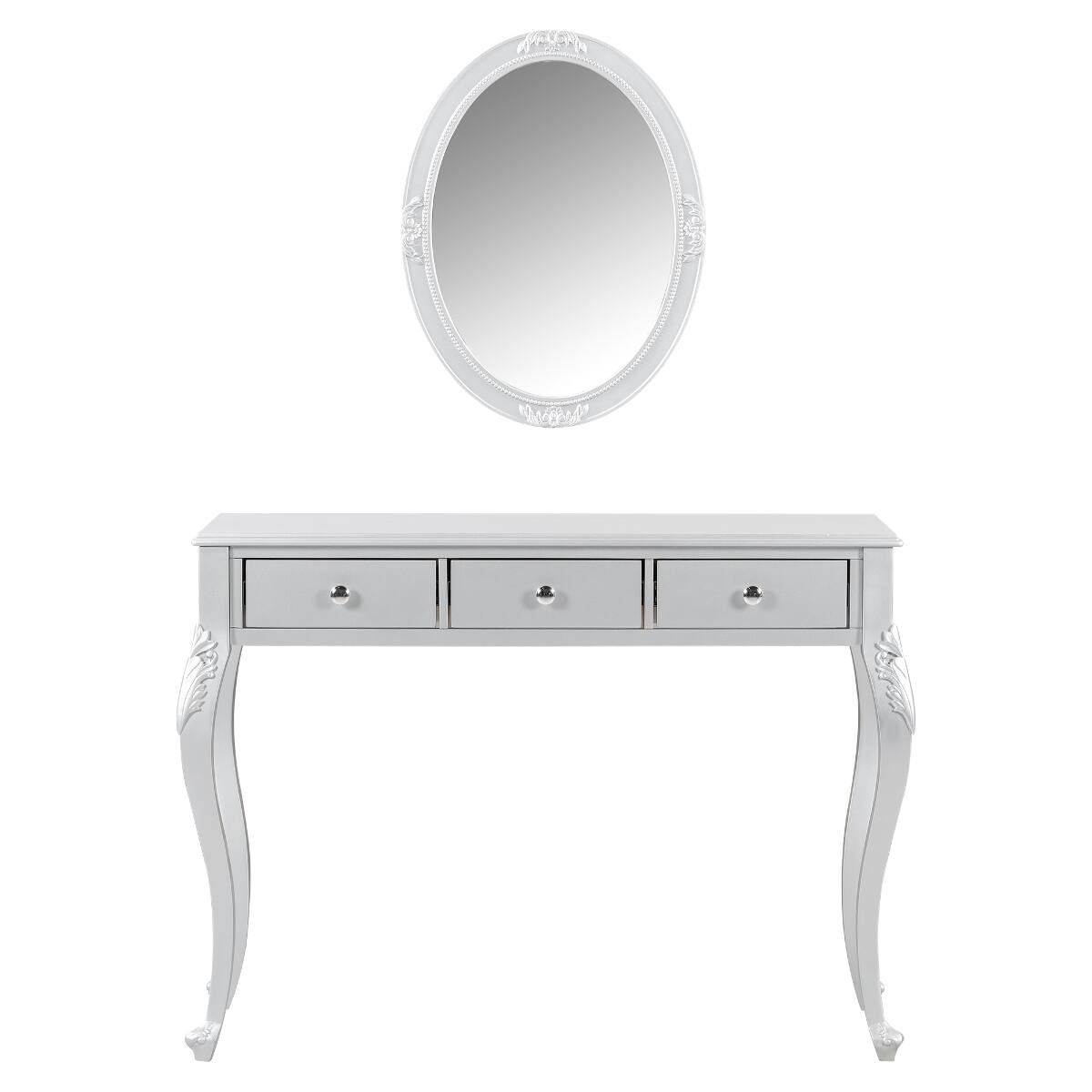 Alt View 1. Loheer - Loheer Silver Makeup Vanity Table with Large Oval Mirror and Three Drawers - Silver.