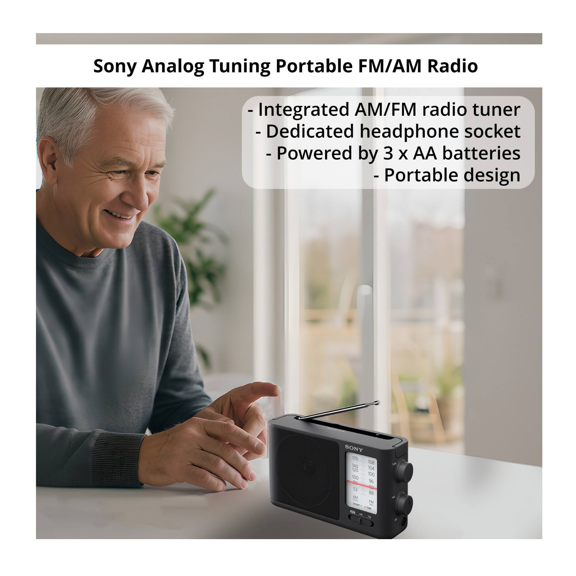 Sony Analog Tuning Portable FM/AM Radio  
- Integrated AM/FM radio tuner  
- Dedicated headphone socket  
- Powered by 3 x AA batteries  
- Portable design  

SONY 170 TOE H T 100 1 A