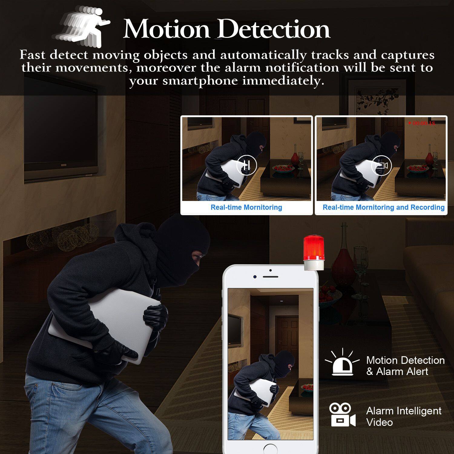 Motion Detection

Fast detect moving objects and automatically tracks and captures their movements, moreover the alarm notification will be sent to your smartphone immediately.

- Real-time Monitoring
- Real-time Monitoring and Recording

Motion Detection & Alarm Alert
Alarm Intelligent Video