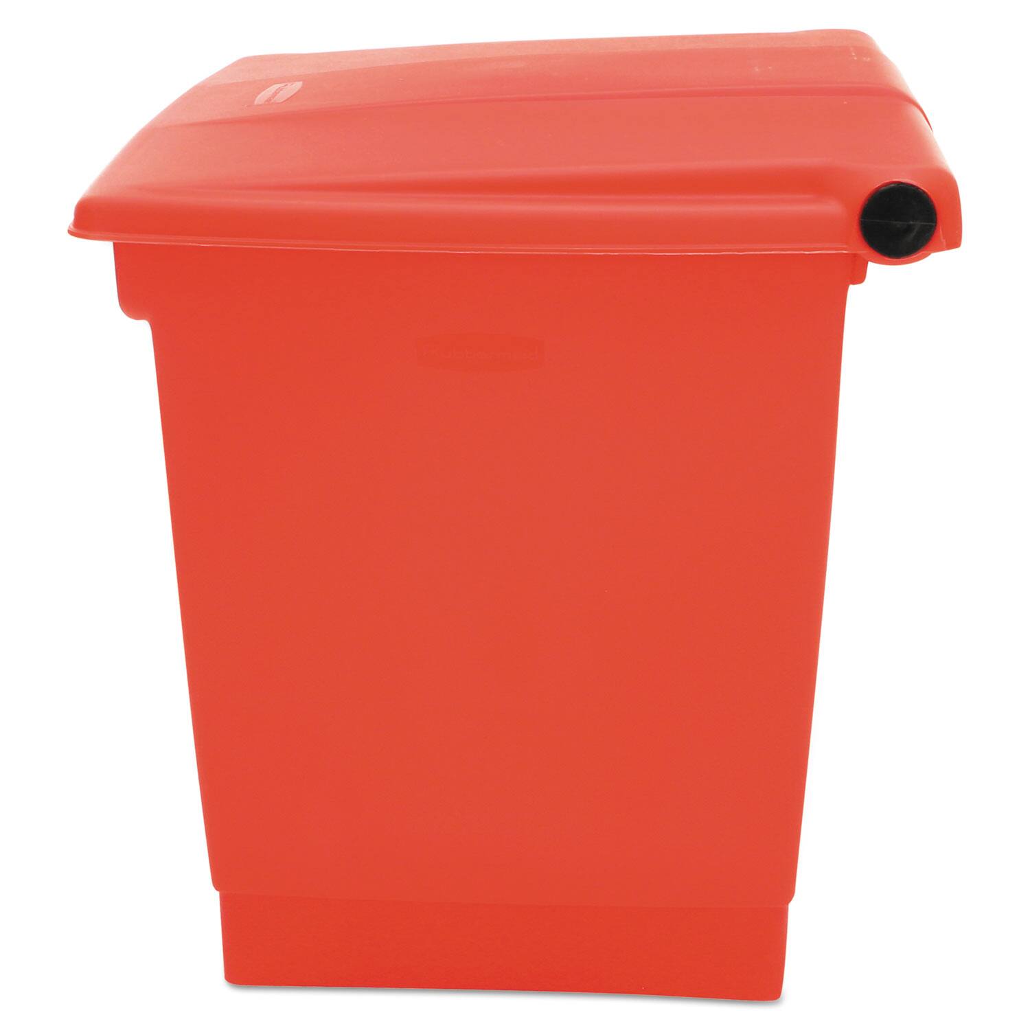 Angle. RubberMaid - Indoor Utility Step-On Waste Container, 8 gal, Plastic, Red.