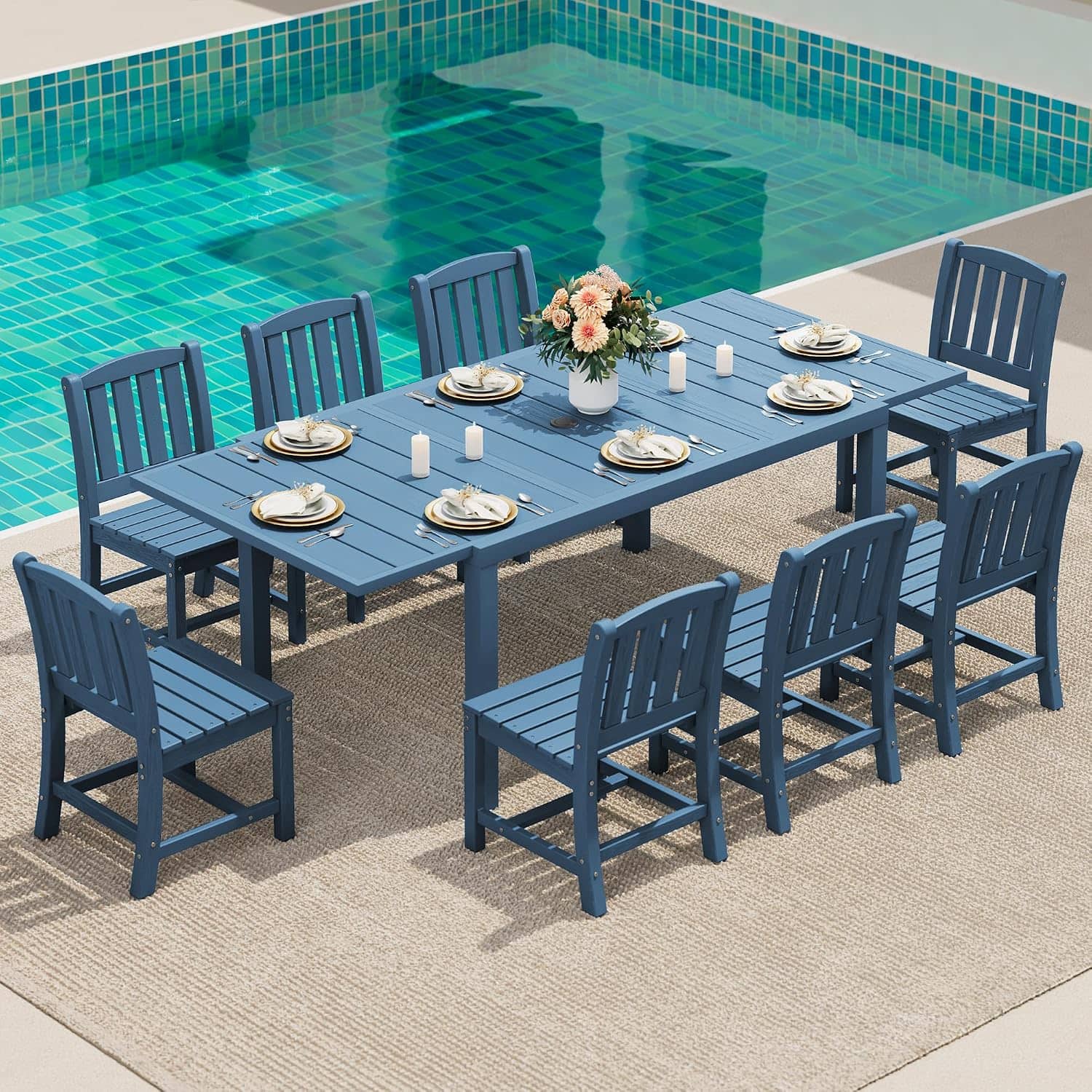 "SERWALL - Outdoor Dining Table and Chairs for 8, 60"" - 83"" Expandable Outdoor Dining Table and 8 HDPE Chairs - Blue" price history on PriceWatchPro