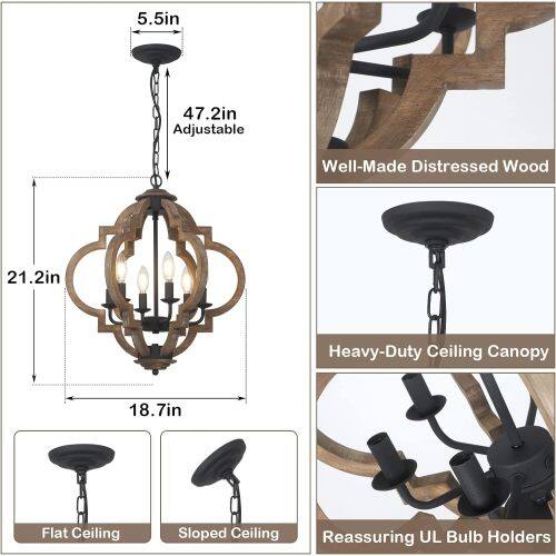 5.5in 47.2in Adjustable Well-Made Distressed Wood 21.2in Heavy-Duty Ceiling Canopy 18.7in Flat Ceiling Sloped Ceiling Reassuring UL Bulb Holders