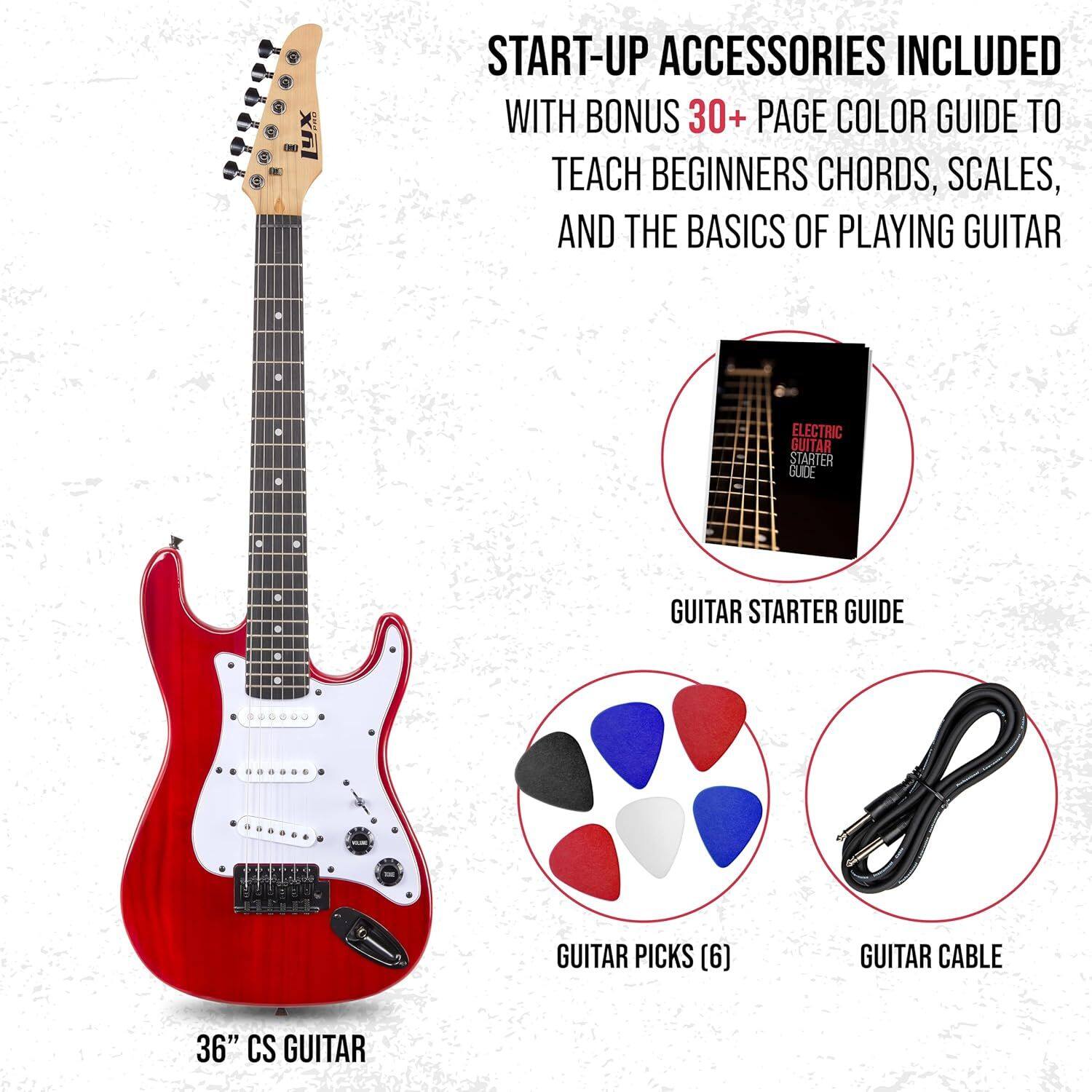 START-UP ACCESSORIES INCLUDED WITH BONUS 30+ PAGE COLOR GUIDE TO TEACH BEGINNERS CHORDS, SCALES, AND THE BASICS OF PLAYING GUITAR

- GUITAR STARTER GUIDE
- GUITAR PICKS (6)
- GUITAR CABLE 36" CS GUITAR