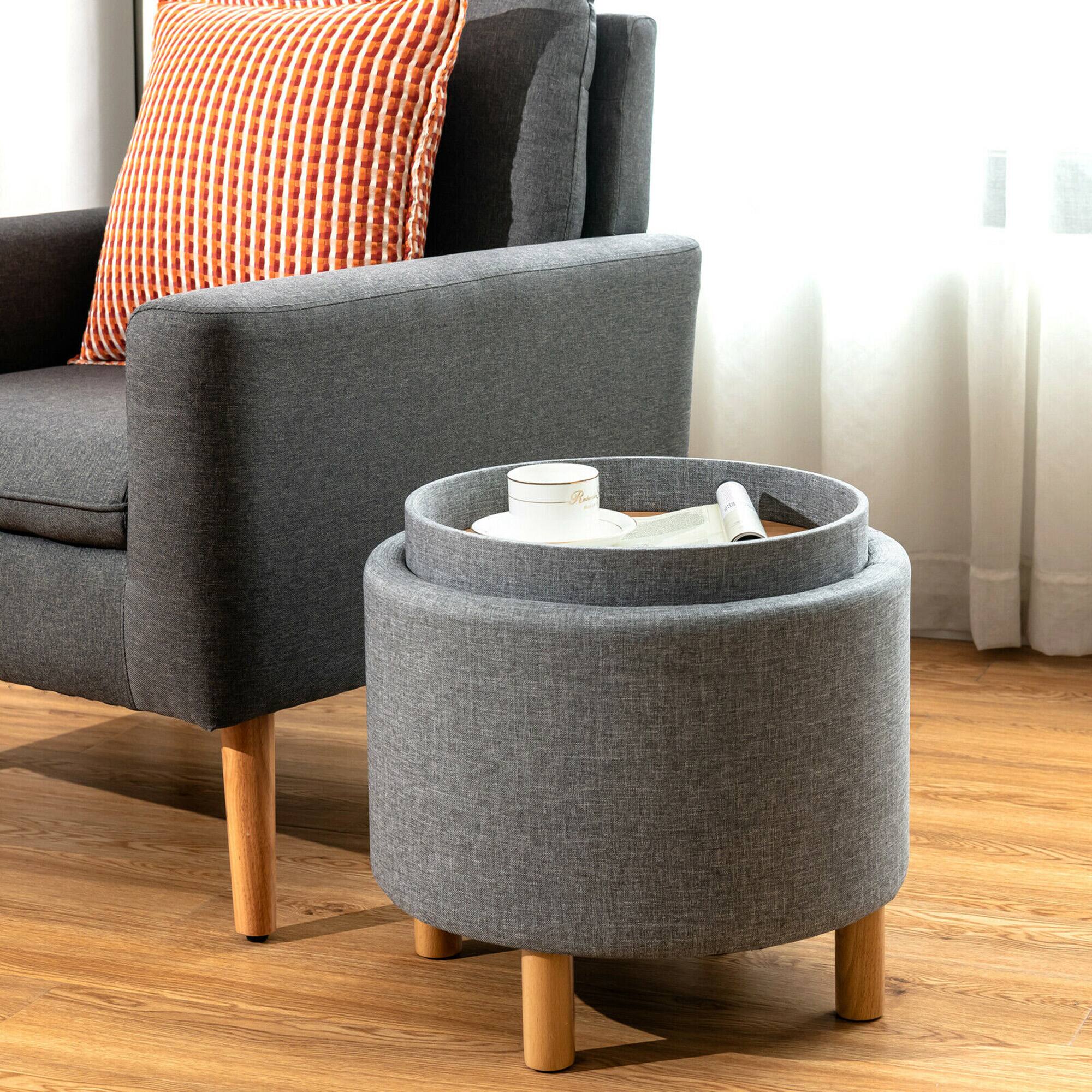 Alt View 2. Gymax - Gymax Round Storage Ottoman w/Tray Top Accent Padded Footrest w/Wood Legs Grey - Grey.