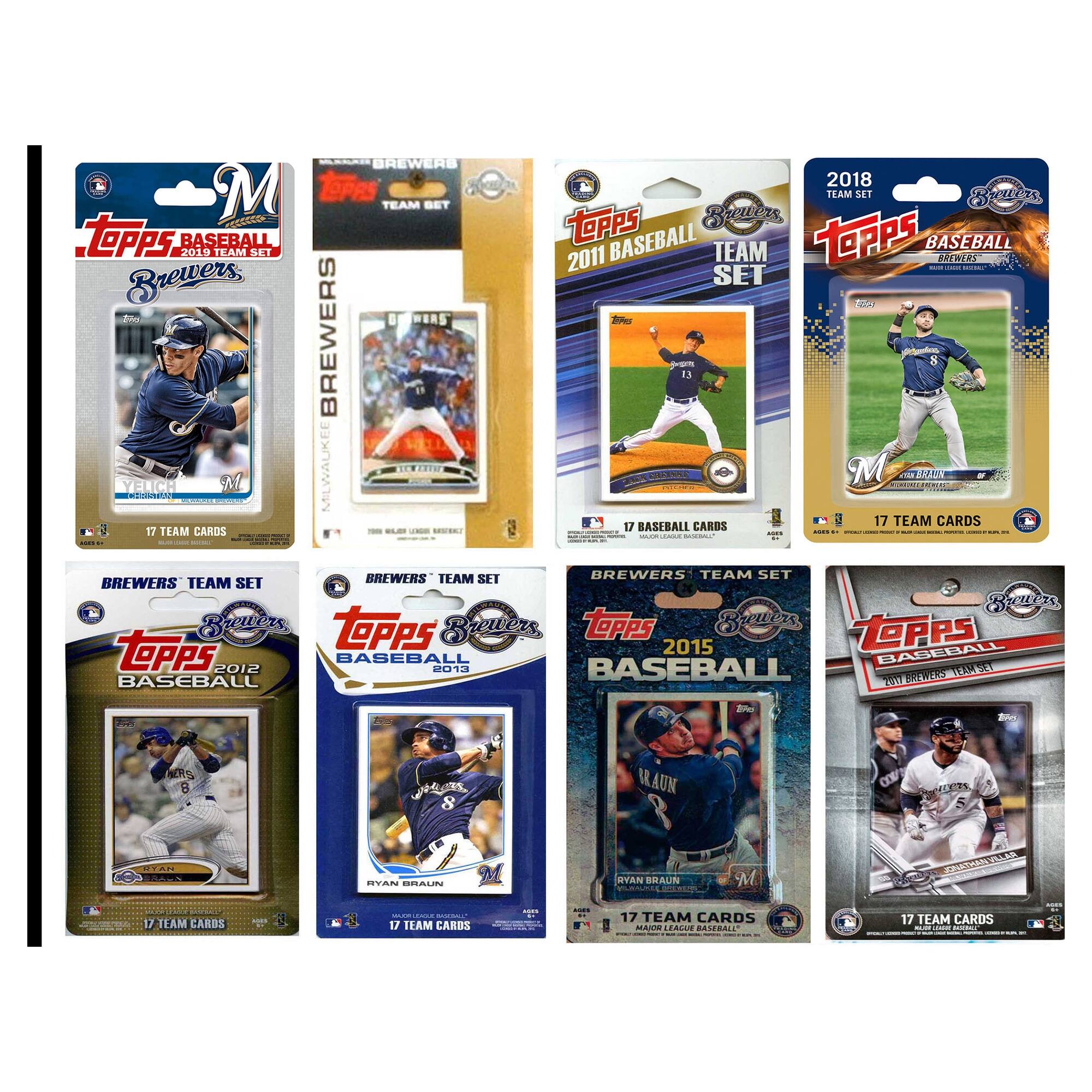 - Topps Baseball 2019 Team Set Brewers
- Topps Baseball 2018 Team Set Brewers
- Topps Baseball 2011 Team Set Brewers
- Topps Baseball 2012 Brewers Team Set
- Topps Baseball 2013 Brewers Team Set
- Topps Baseball 2015 Brewers Team Set
Each set includes 17 team cards.