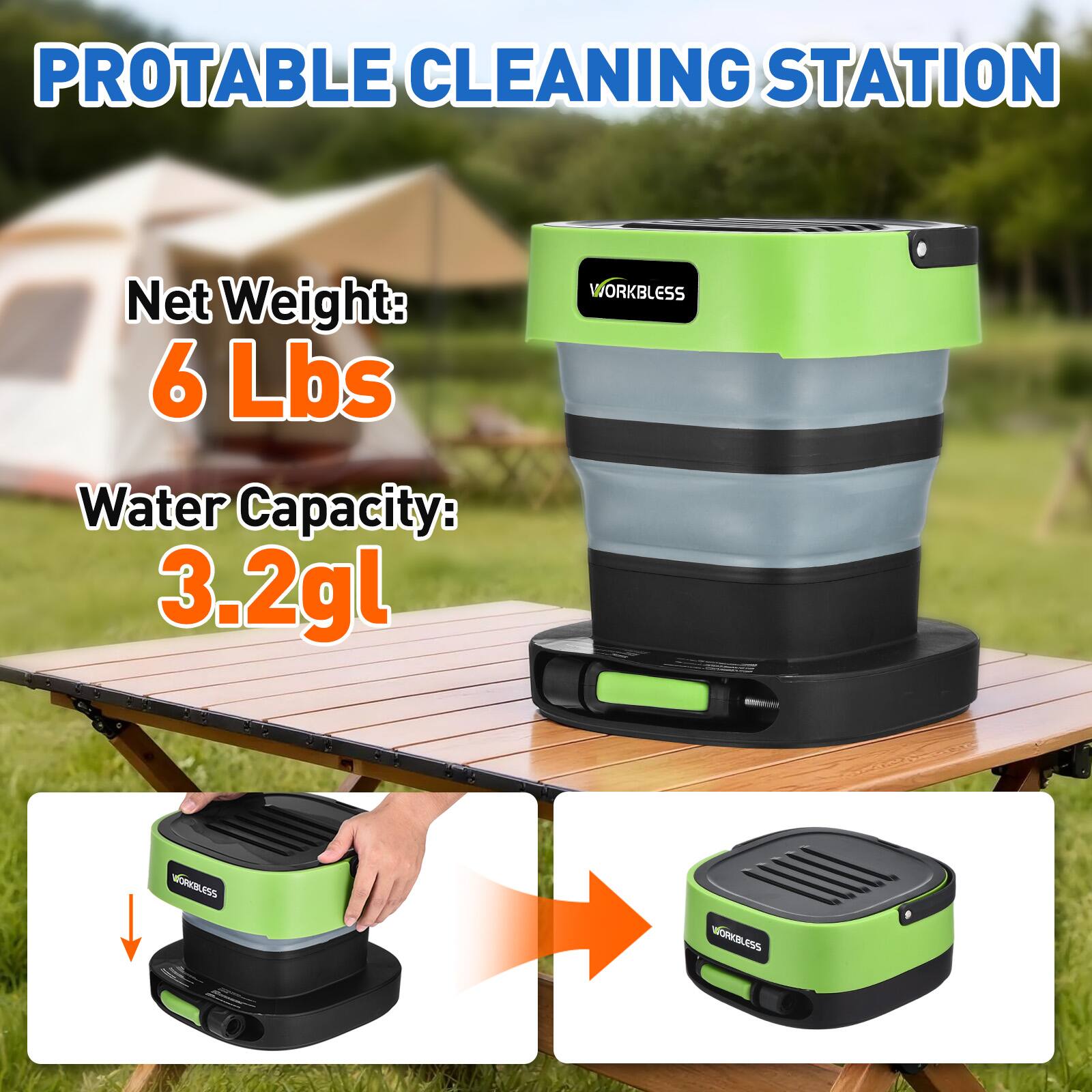 PORTABLE CLEANING STATION  
Net Weight: 6 Lbs  
Water Capacity: 3.2gl