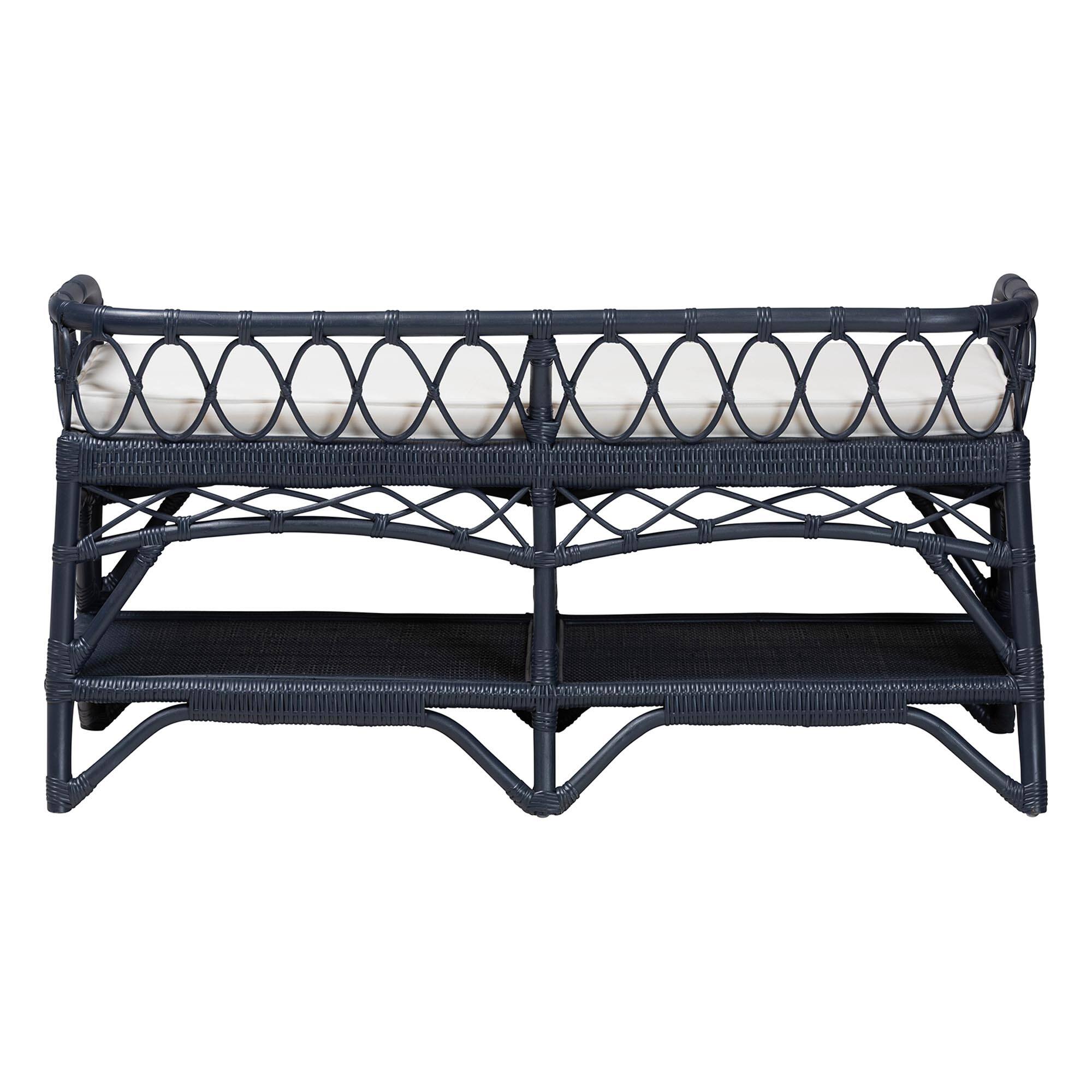 Back. bali & pari - Leryn Natural Rattan Bench with Shelf - Navy Blue.
