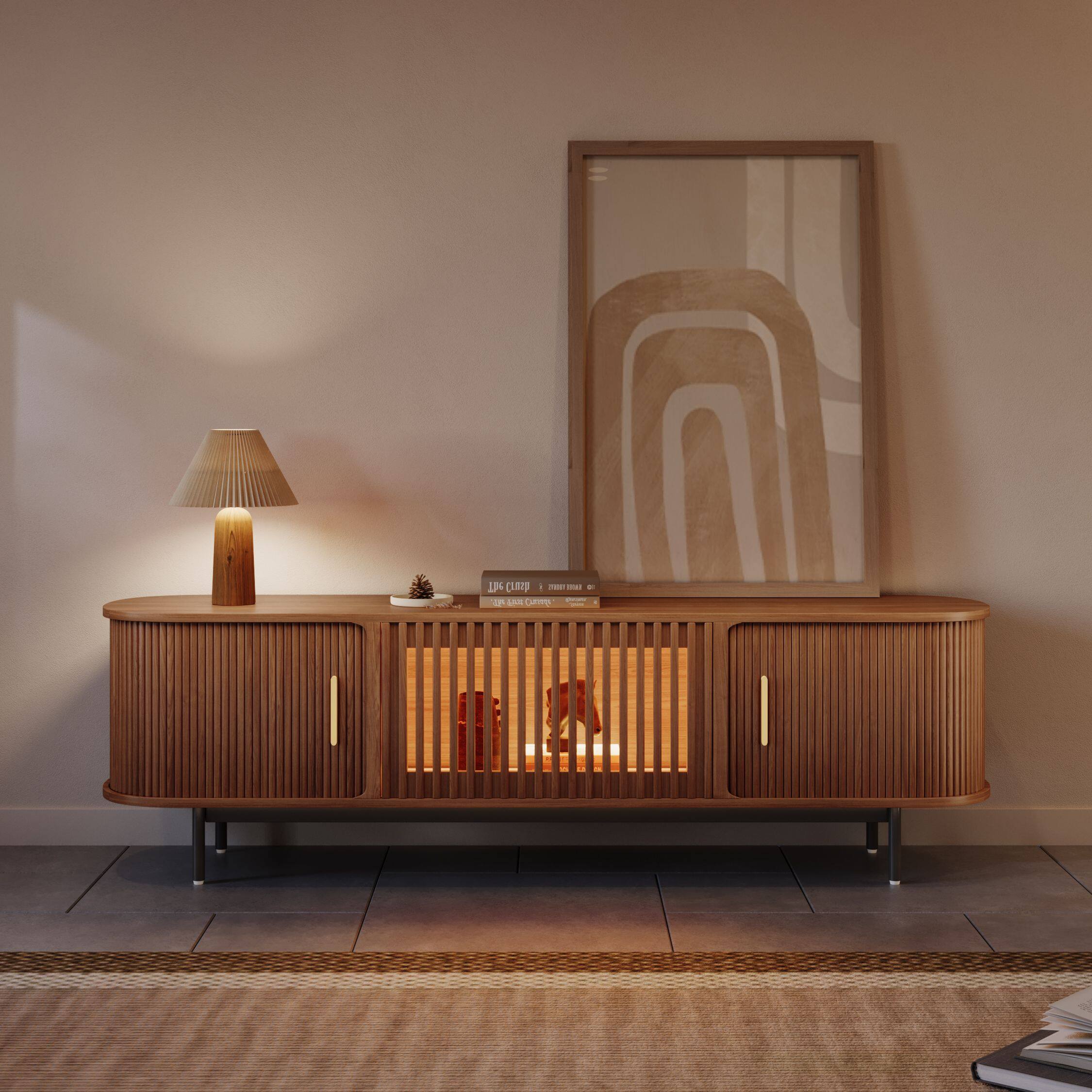Angle. POVISON - 71"Mid-Century Modern Tambour Door TV Stand ,Walnut with LED Lights - Walnut with LED Lights.