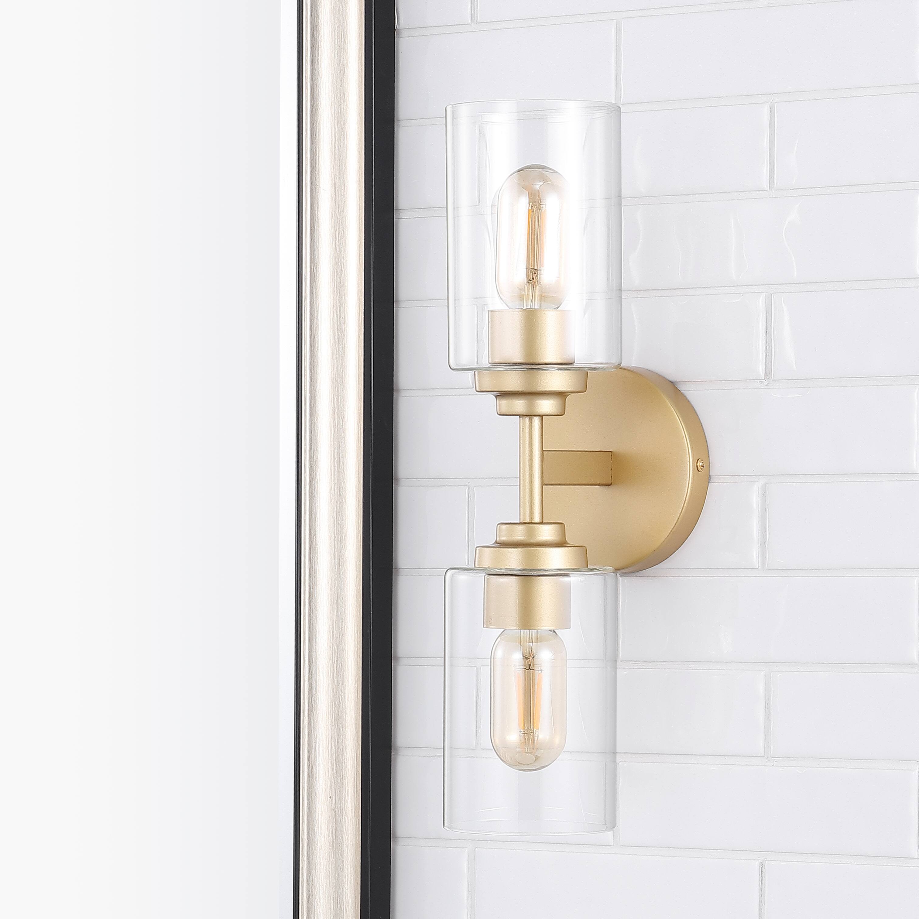 Alt View 10. Jonathan Y - Giles 16" 2-Light Farmhouse Industrial Iron Cylinder LED Sconce, Brass Gold/Clear - Brass Gold.