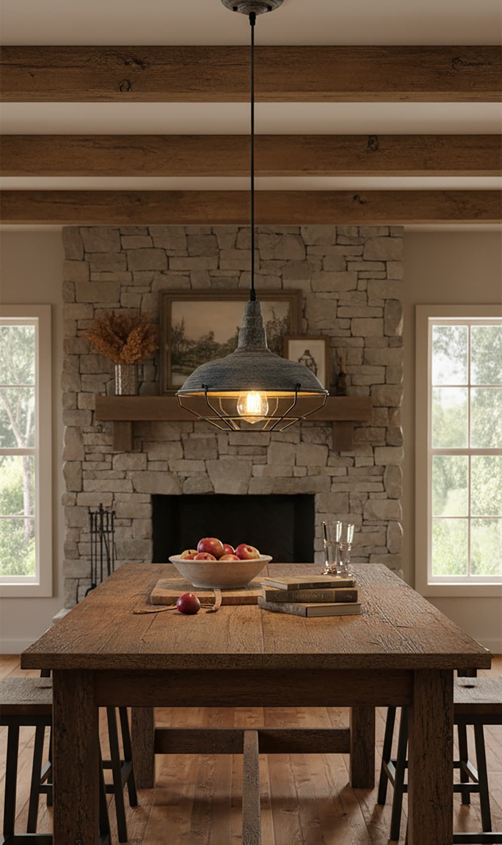 Alt View 4. FINEAK - Vintage Stained Metal Cage Barn Pendant Light - 1-Light Hanging Ceiling Fixture - Brown.