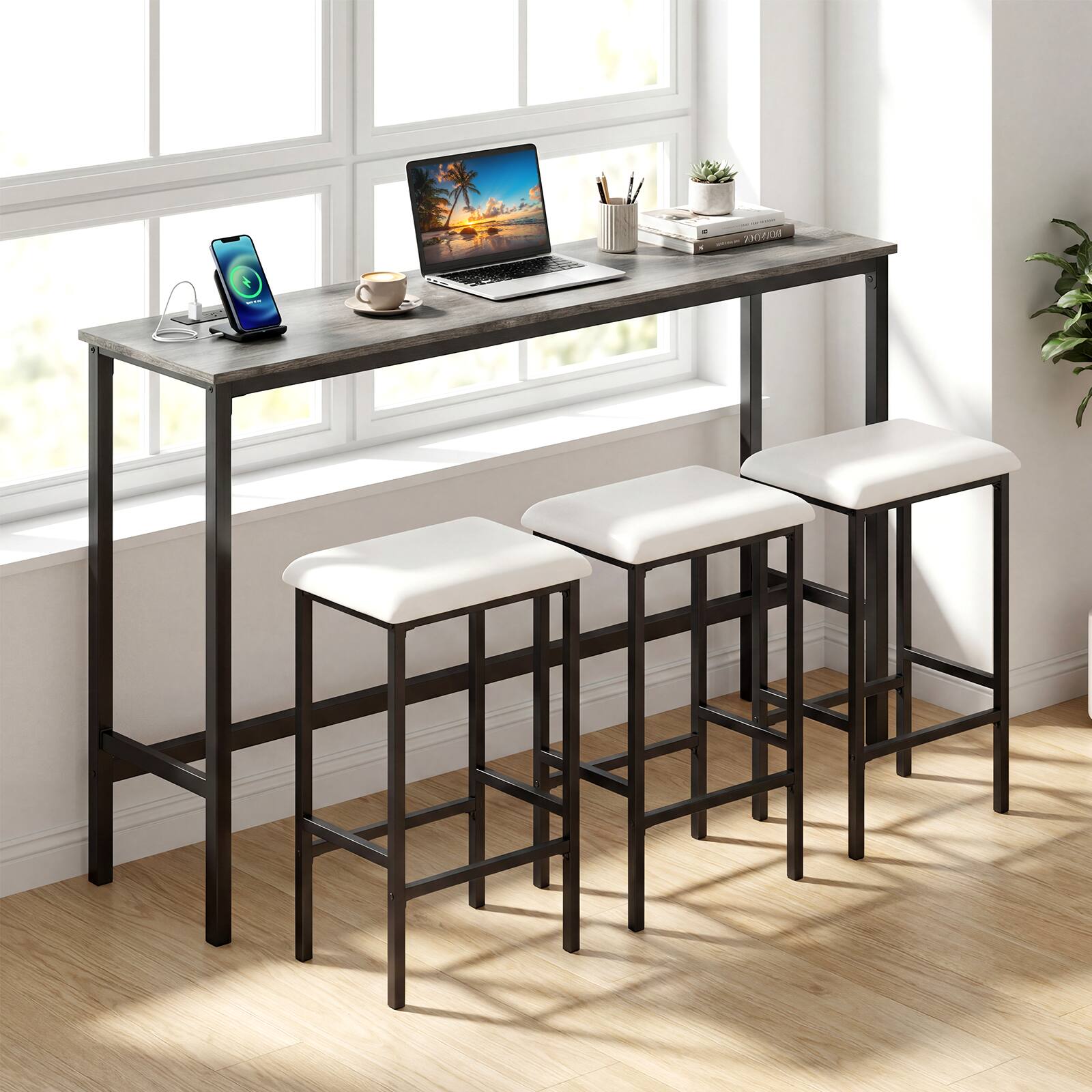 Alt View 4. Gymax - Gymax 4PCS Counter Height Bar Table w/Power Outlet 3 Padded Stools for Breakfast Nook - Gray.