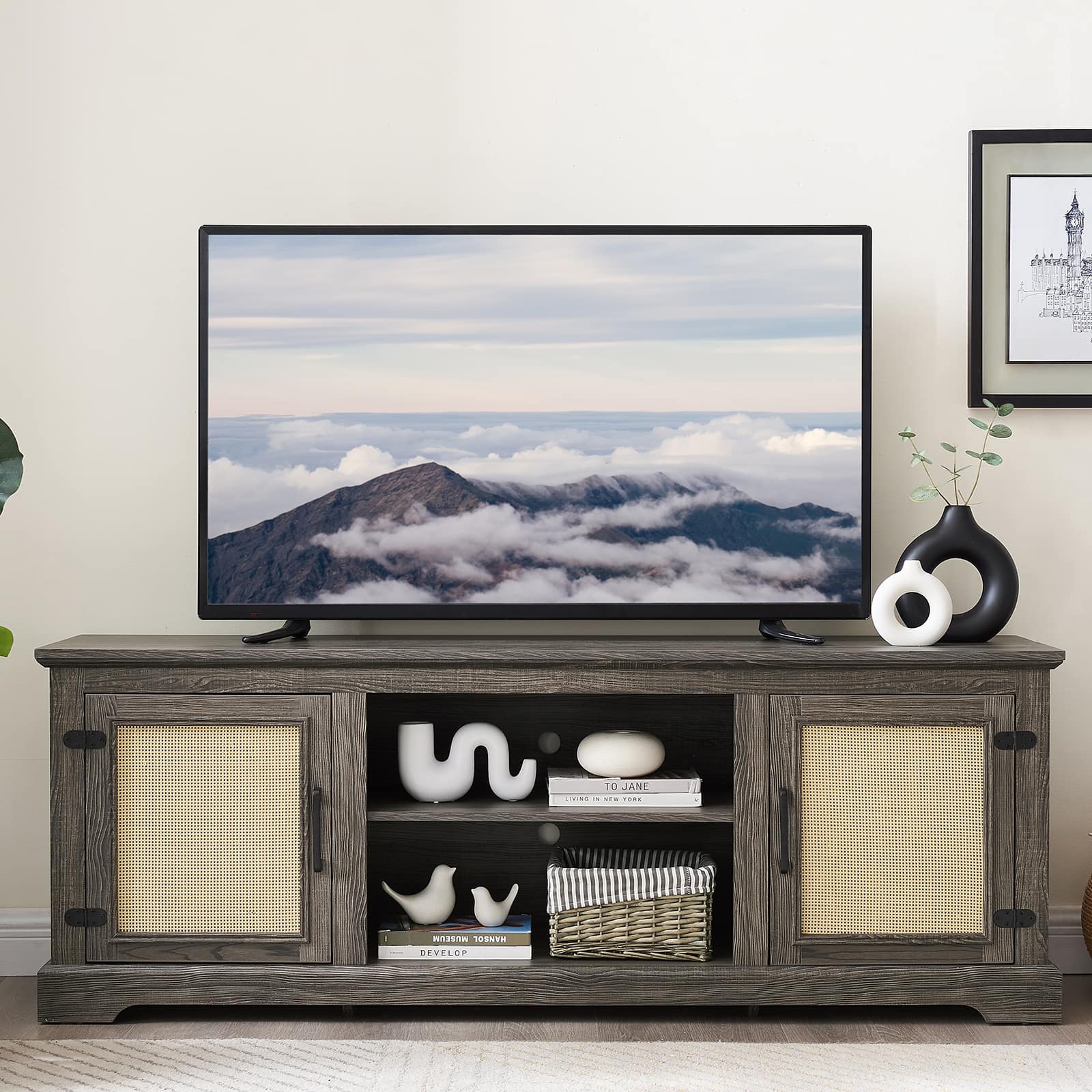 Chateau Abodes - 65" Farmhouse TV Stand Entertainment Console 2 Storage Shelves, 2 Natural Rattan Door Cabinets for TV Up to 70" - Gray