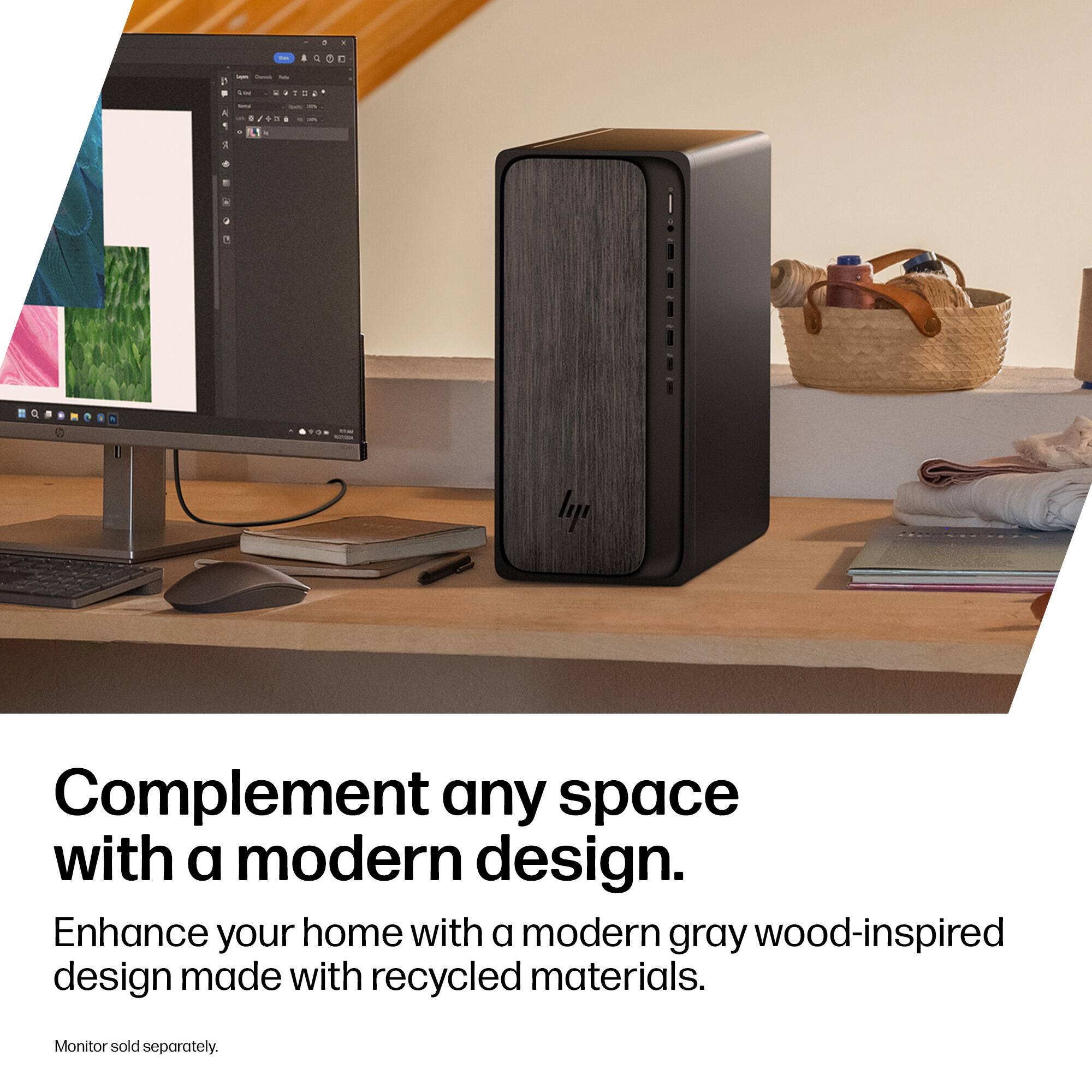 Complement any space with a modern design.  
Enhance your home with a modern gray wood-inspired design made with recycled materials.  
Monitor sold separately.