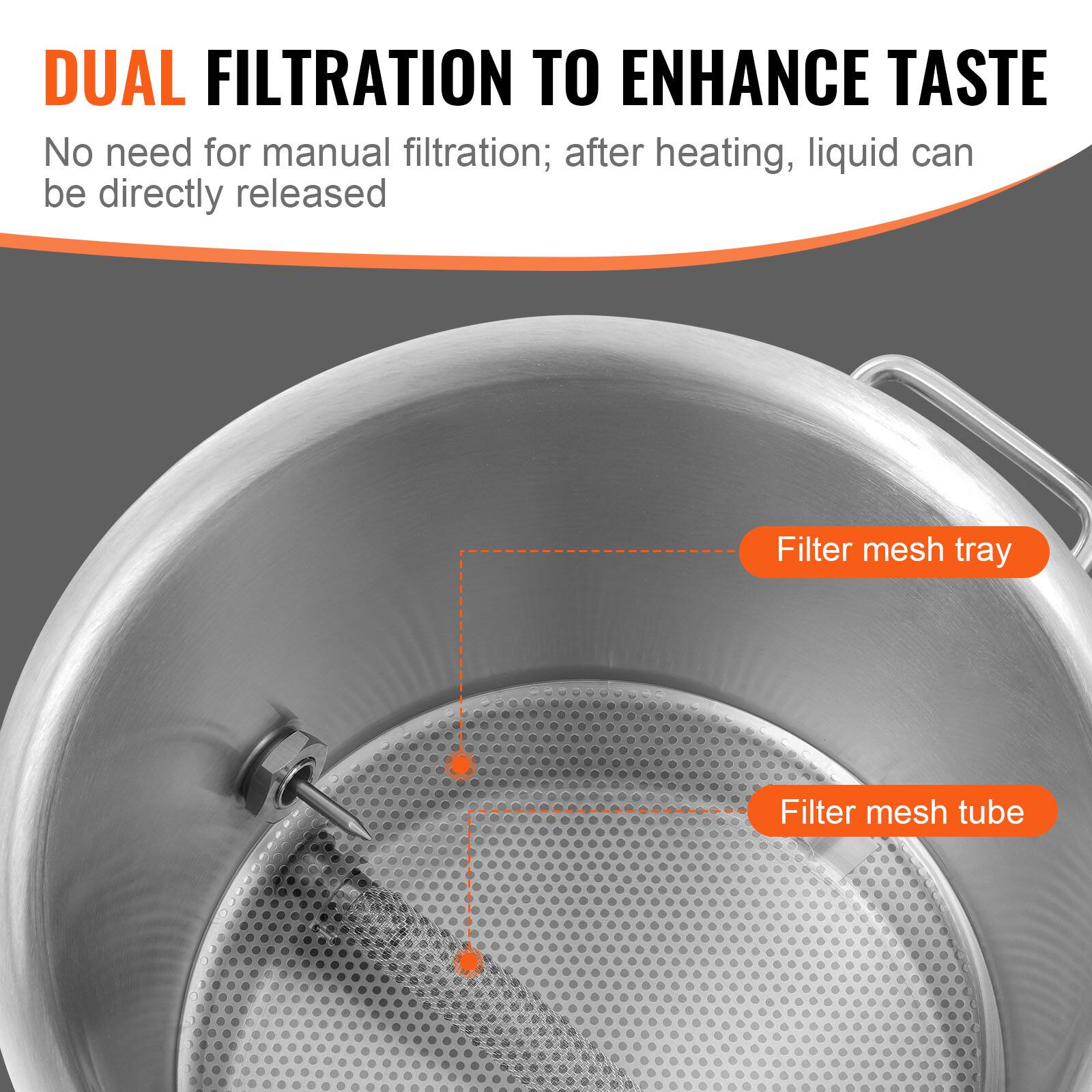 DUAL FILTRATION TO ENHANCE TASTE  
No need for manual filtration; after heating, liquid can be directly released  

Filter mesh tray  
Filter mesh tube