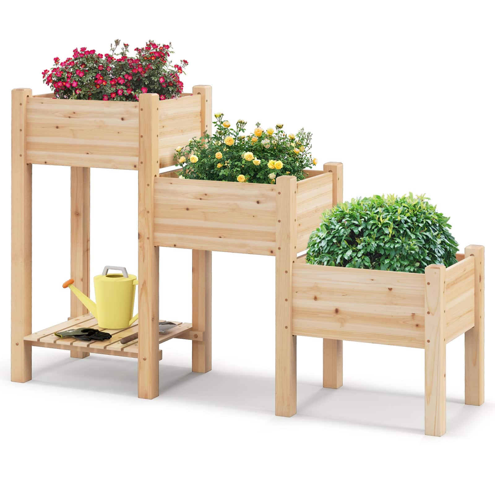 Costway - 3-Tier Wooden Raised Garden Bed Elevated Garden Planter w/ 3 Planter Boxes Open Storage Shelf Drainage Holes - Natural price history on PriceWatchPro
