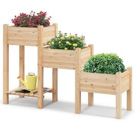 Costway - 3-Tier Wooden Raised Garden Bed Elevated Garden Planter w/ 3 Planter Boxes Open Storage Shelf Drainage Holes - Natural