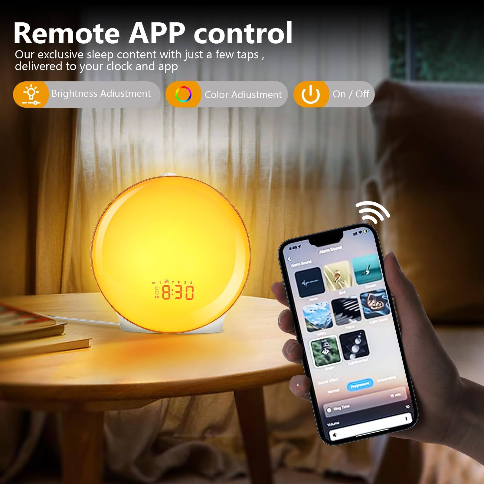 Remote APP control  
Our exclusive sleep content with just a few taps, delivered to your clock and app  

Brightness Adjustment  
Color Adjustment  
On / Off  

8:30  
MINTESS