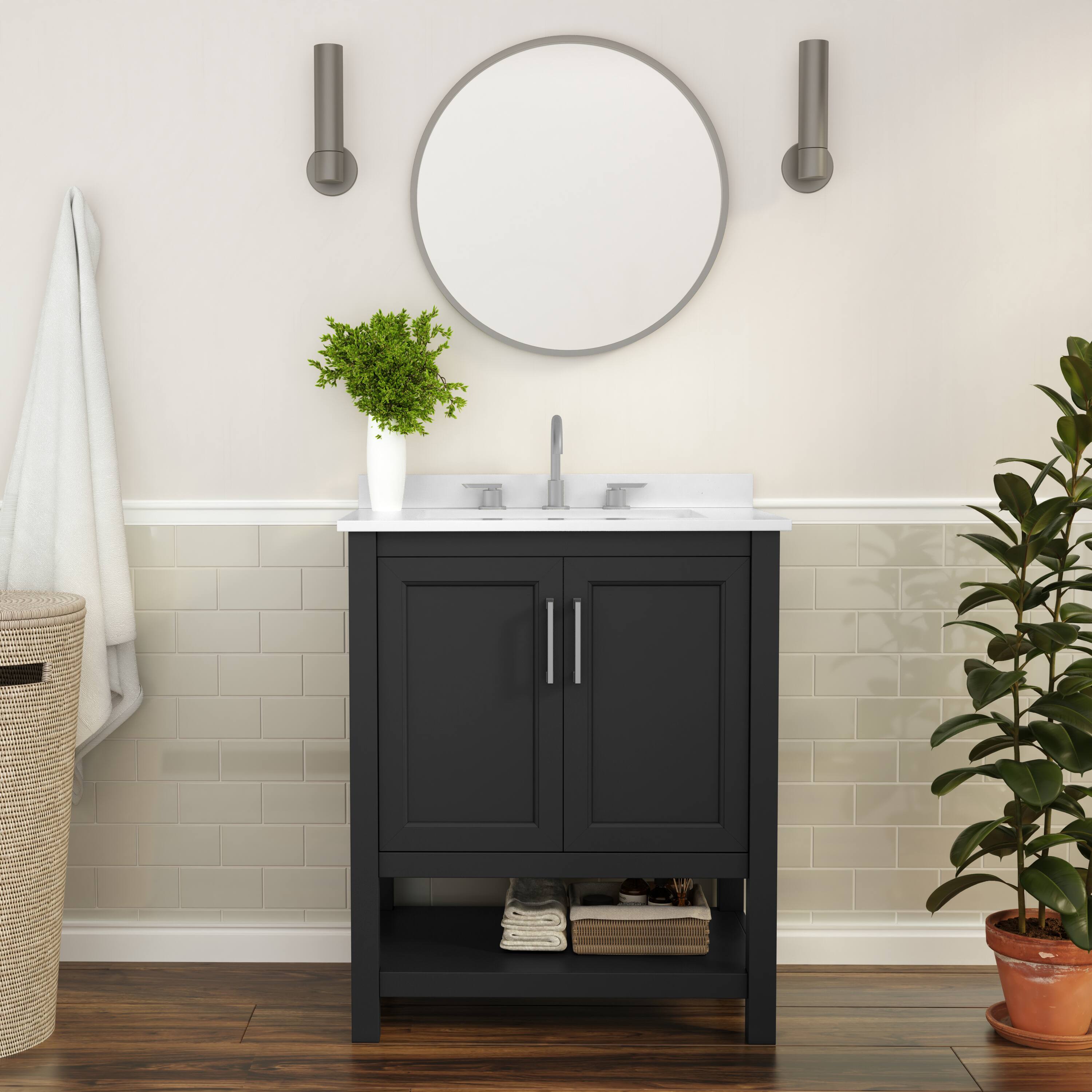 Alt View 1. Flash Furniture - Vega 30 Inch Bathroom Vanity with Sink Combo, Storage Cabinet with Soft Close Doors and Open Shelf, Carrara Marble Finis - Black.