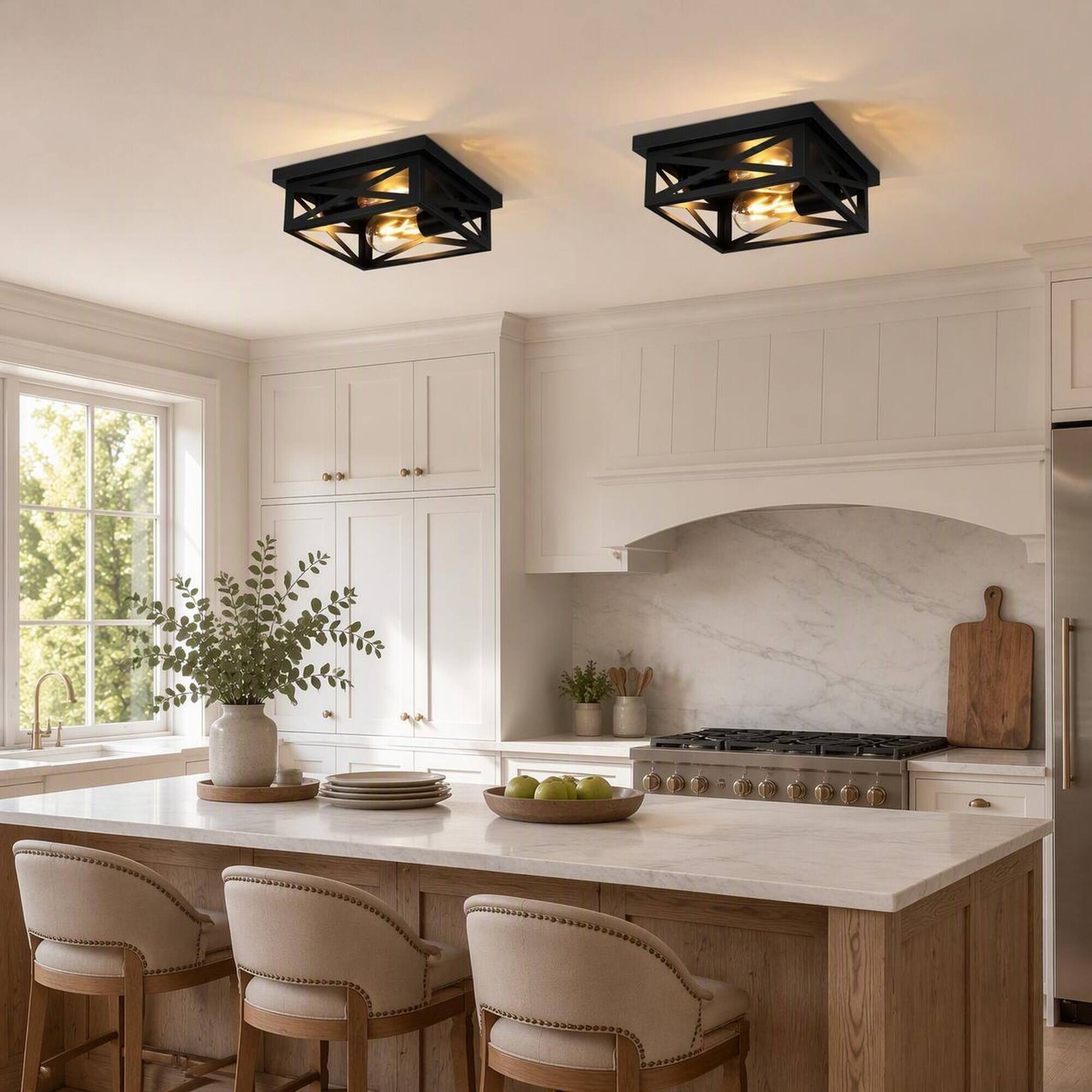 Alt View 1. RYHNUYNE - 2-Pack Matte Black Square Flush Mount Ceiling Light with Industrial Cage Design, 2 E26 Bulbs, Damp-Rated Iron Fixture.