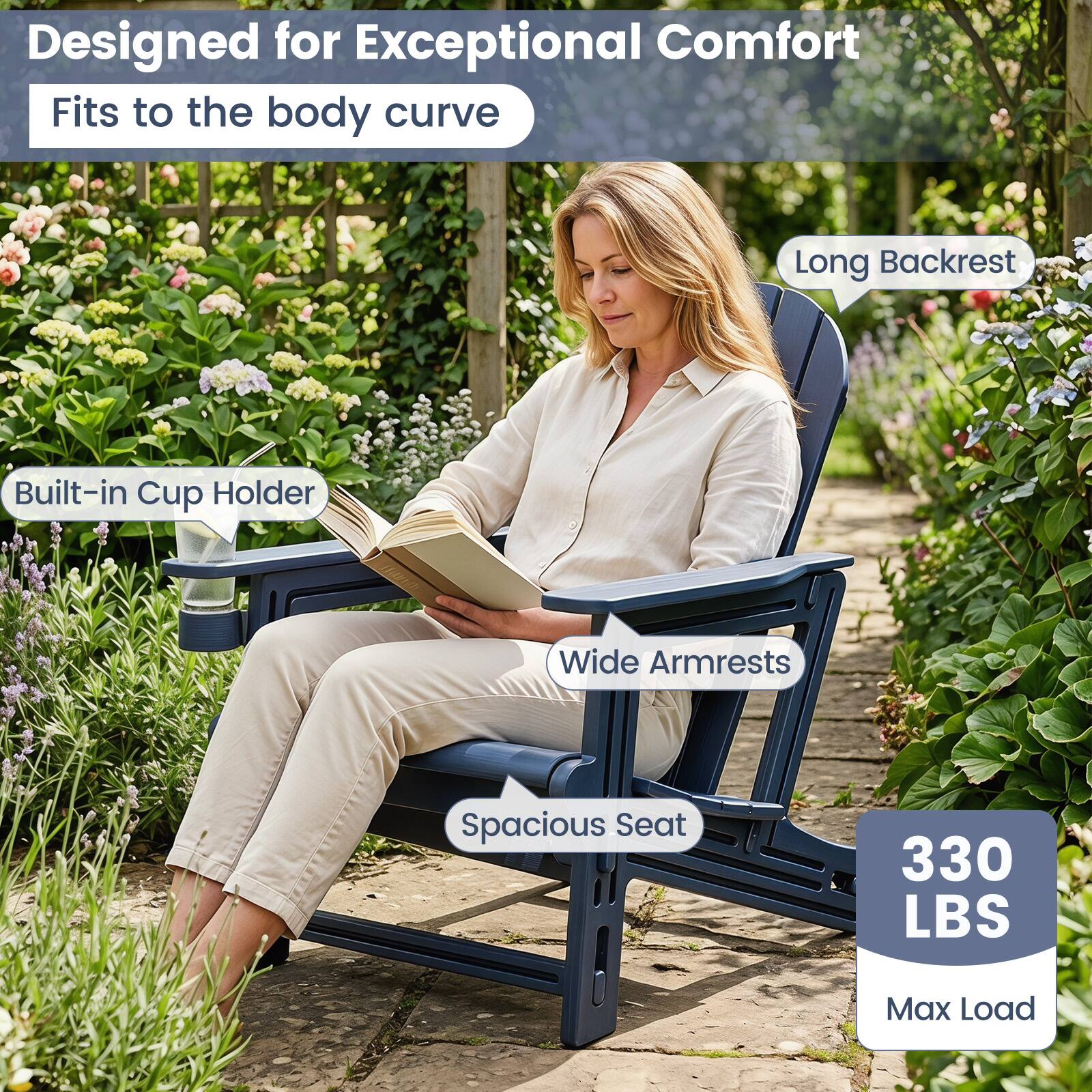 Designed for Exceptional Comfort  
Fits to the body curve  
Long Backrest  
Built-in Cup Holder  
Wide Armrests  
Spacious Seat  
330 LBS Max Load