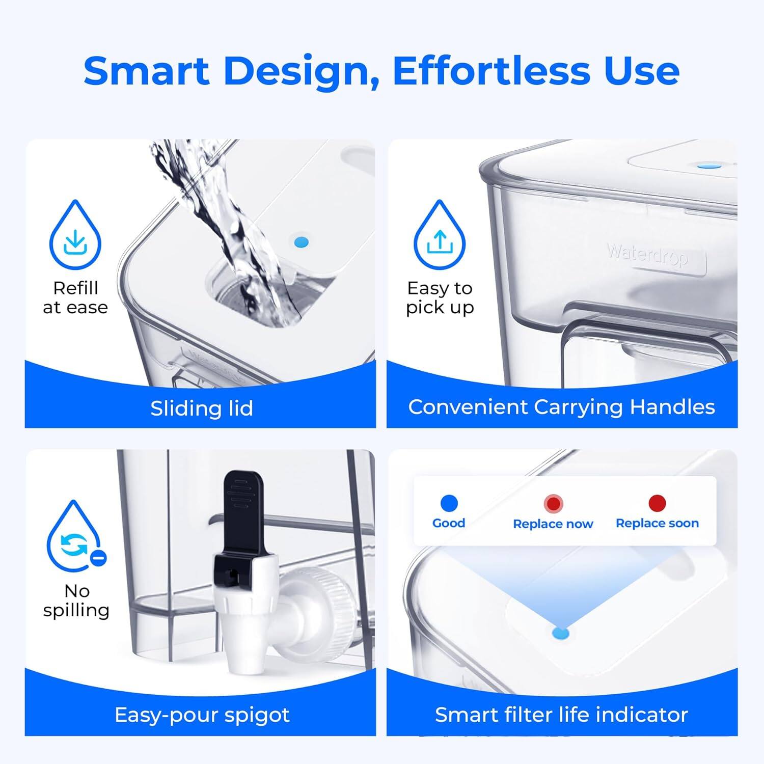 Smart Design, Effortless Use

- Refill at ease
- Easy to pick up
- Sliding lid
- Convenient Carrying Handles
- No spilling
- Easy-pour spigot
- Smart filter life indicator

Good
Replace now
Replace soon