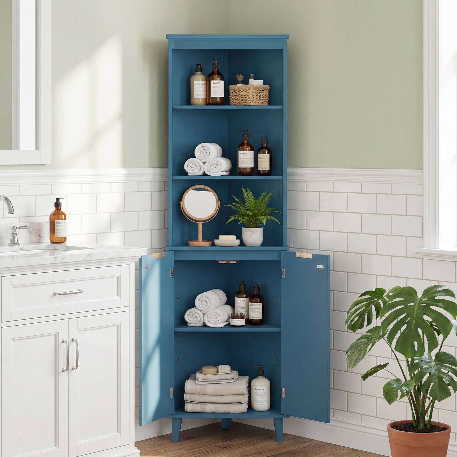 Alt View 3. Costway - Costway 68" Tall Corner Cabinet with Fluted Doors, Modern Bathroom Floor Storage Cabinet - Blue.
