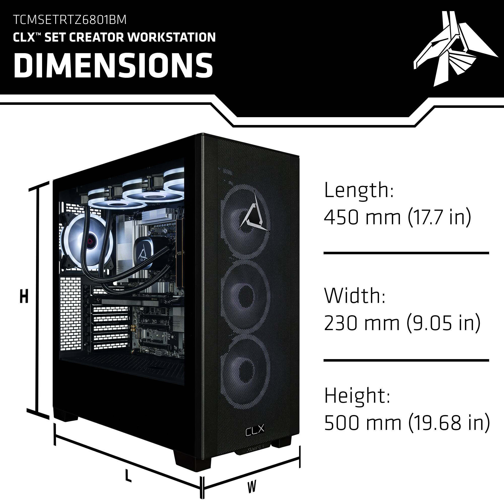 TCMSETRTZ6801BM CLX SET CREATOR WORKSTATION DIMENSIONS

Length: 450 mm (17.7 in)
Width: 230 mm (9.05 in)
Height: 500 mm (19.68 in)