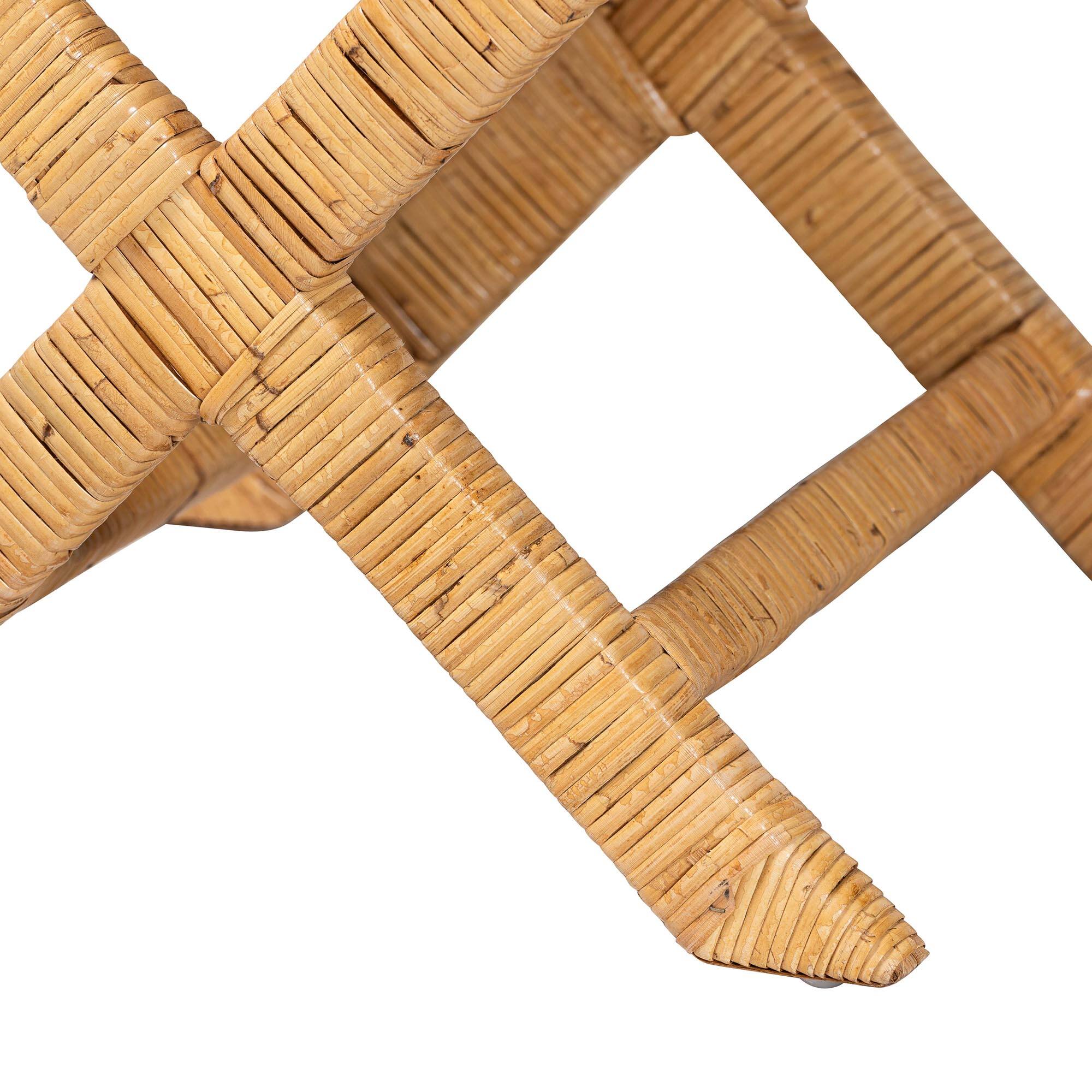 Back. bali & pari - Modesta Natural Rattan Accent Bench - Handwoven Wicker Seating with Scalloped Apron and X-Frame Base - Light Honey.