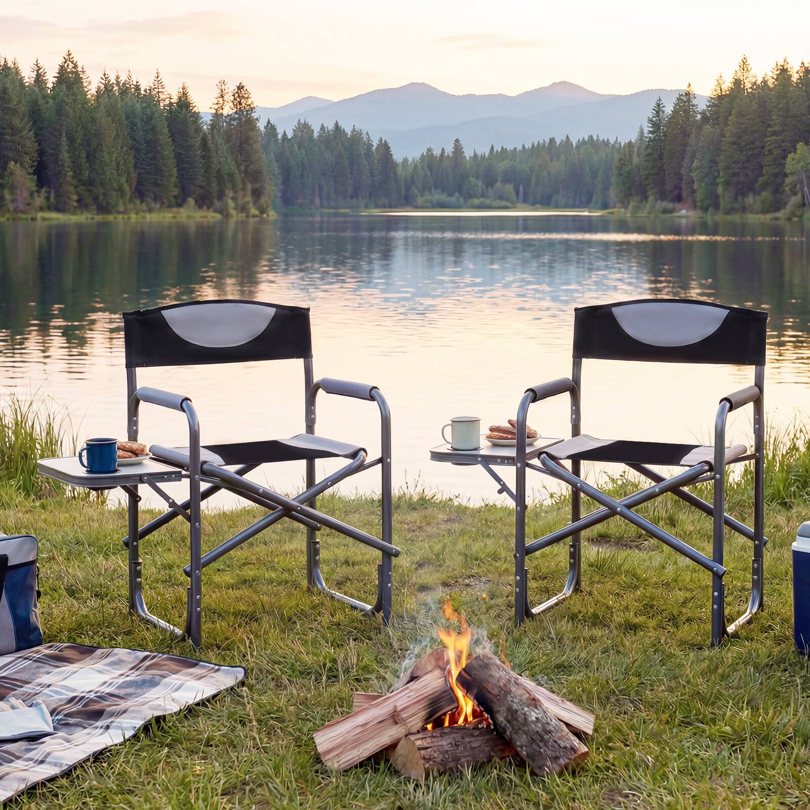 Alt View 3. Costway - Costway Folding Camping Chair, Lightweight Portable Directors Chair with Side Table - Black.