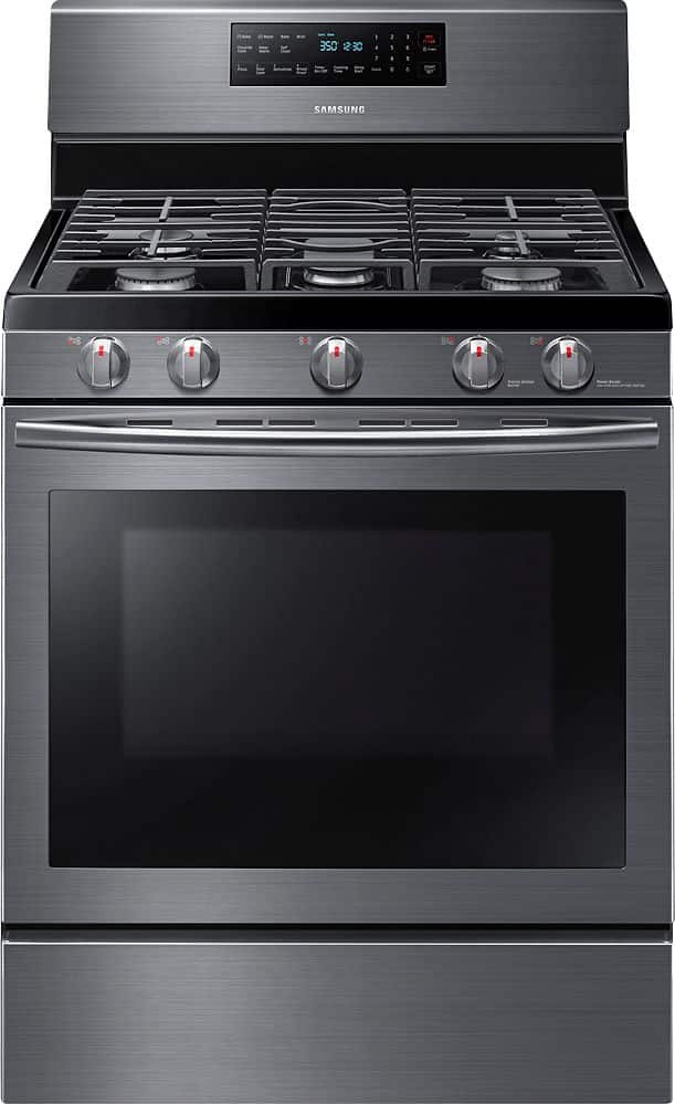 Front. Samsung - 5.8 Cu. Ft. Self-Cleaning Freestanding Fingerprint Resistant Gas Convection Range.