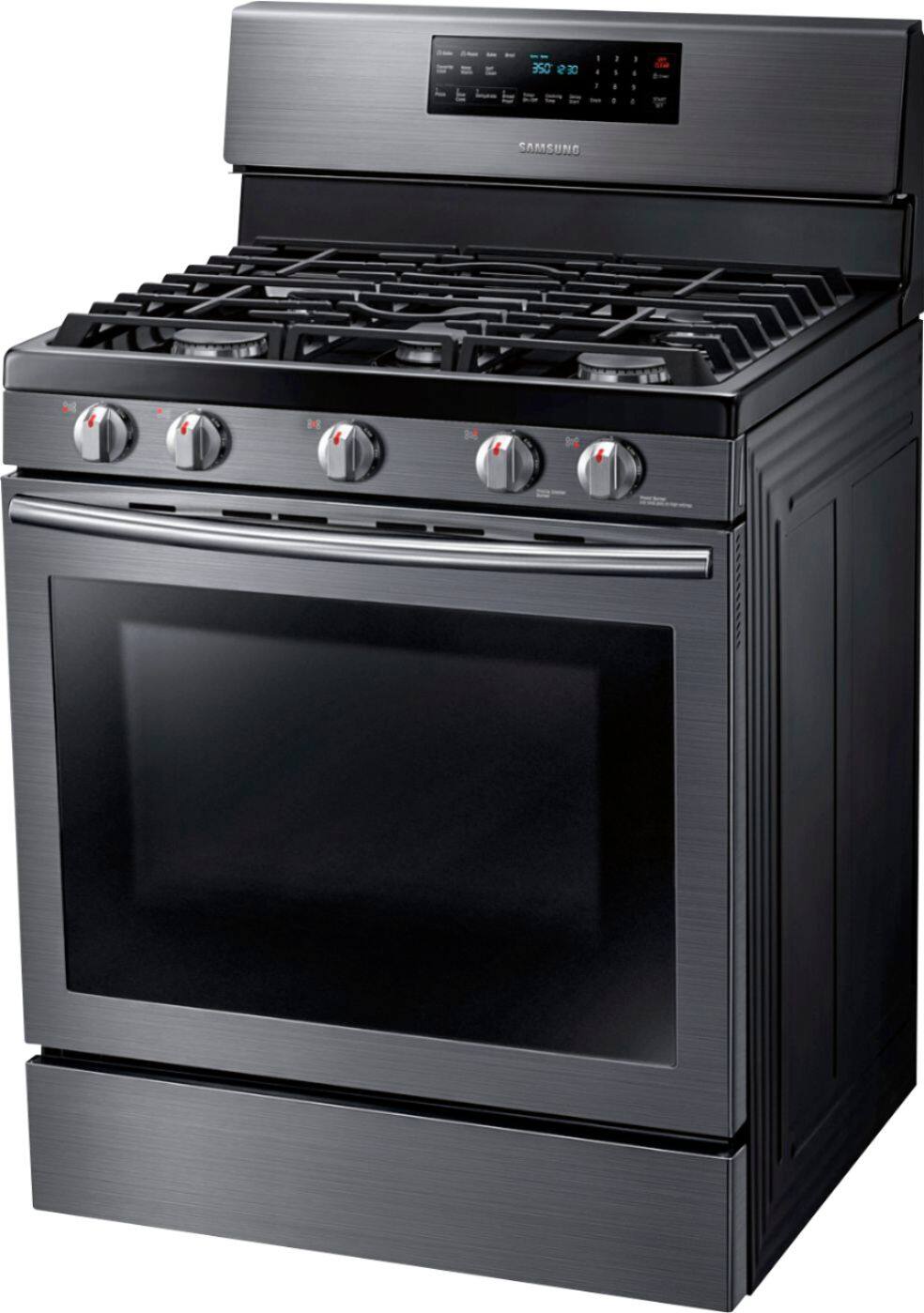 Left. Samsung - 5.8 Cu. Ft. Self-Cleaning Freestanding Fingerprint Resistant Gas Convection Range.