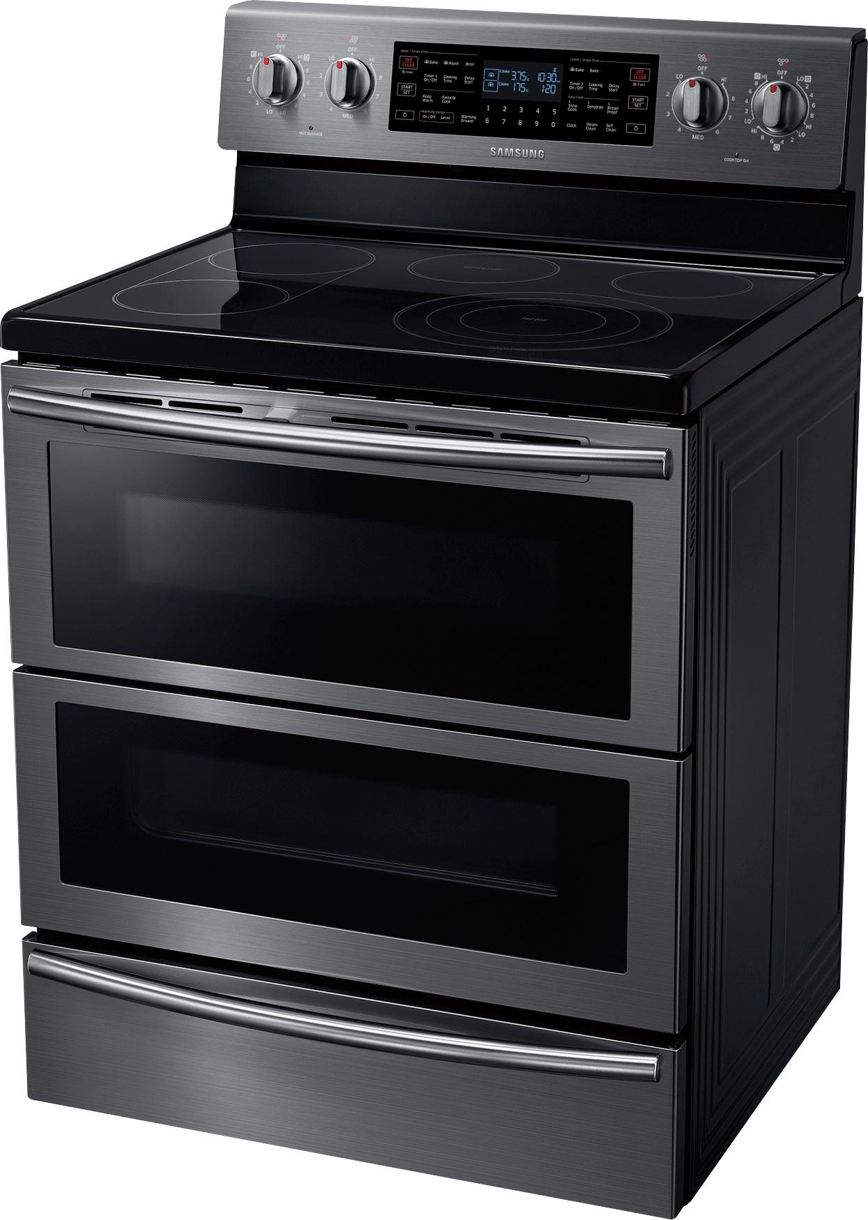 Left View: Samsung - Flex Duo™ 5.9 Cu. Ft. Self-Cleaning Freestanding Fingerprint Resistant Double Oven Electric Convection Range - Black Stainless Steel