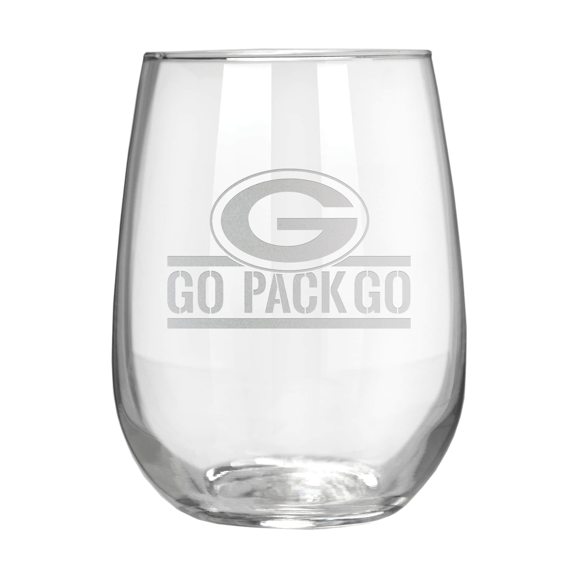 Front. Great American Products - Green Bay Packers Etched 17oz. Rally Cry Stemless Wine Glass - Multicolor.